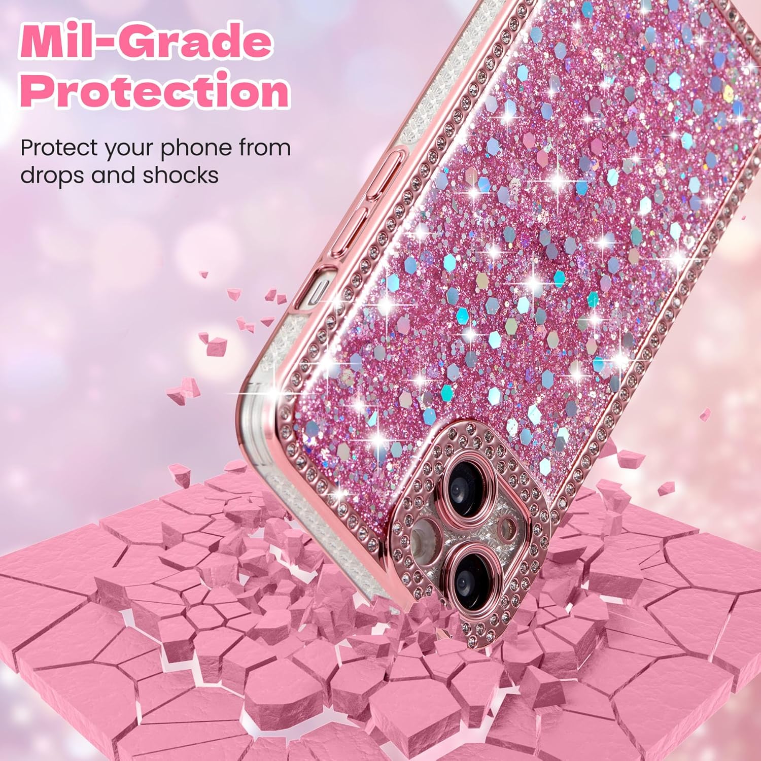 FABSPARK Case for iPhone 17 Pro,Glitter Crystal Diamond Rhinestones Sequin Shiny Bling Sparkly Glossy Luxury Electroplated Case,Aesthetic Cute Full Protection for iPhone 17 Pro,Pink - Image 6