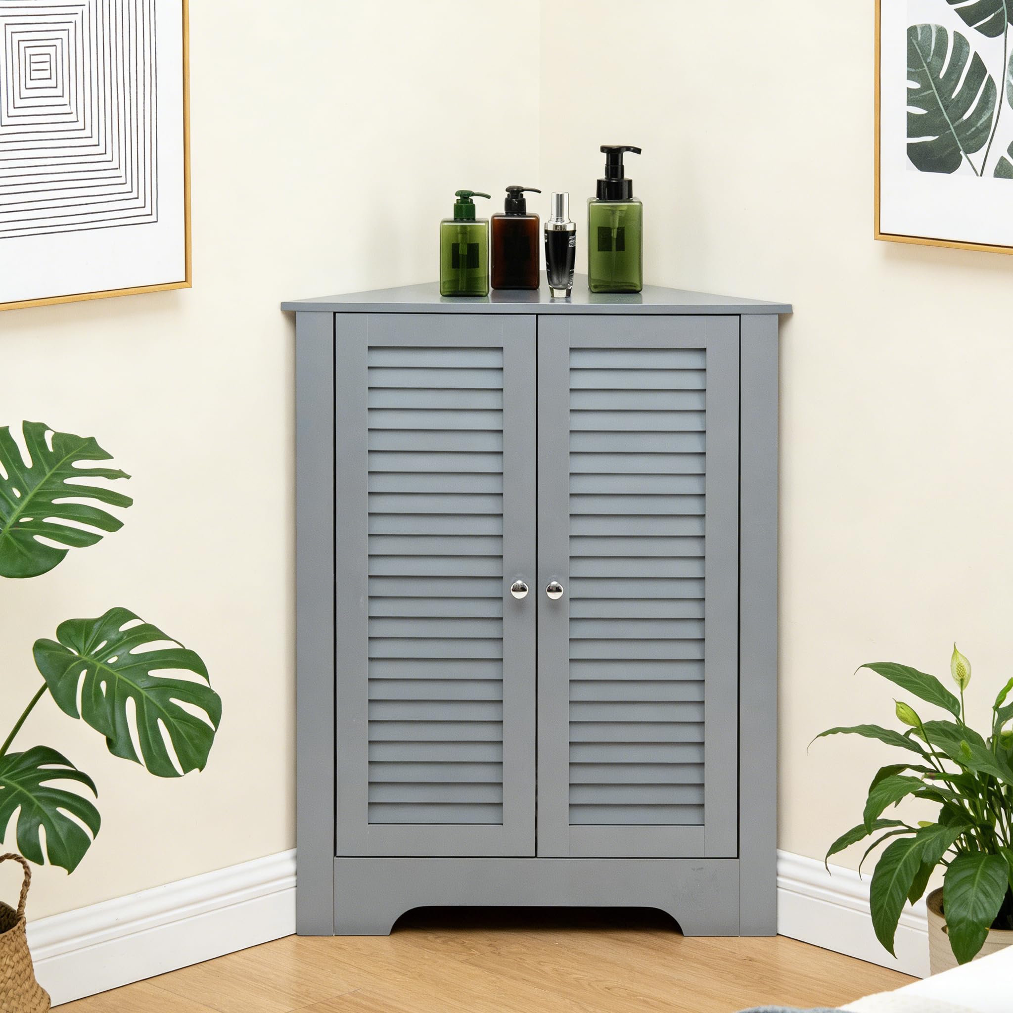 LIFEZEAL Eckschrank Bad, Badezimmerschrank mit Türen, Badschrank mit Verstellbarer Ablage, Unterschrank Beistellschrank für Badezimmer, Küche, Wohnzimmer (Grau)