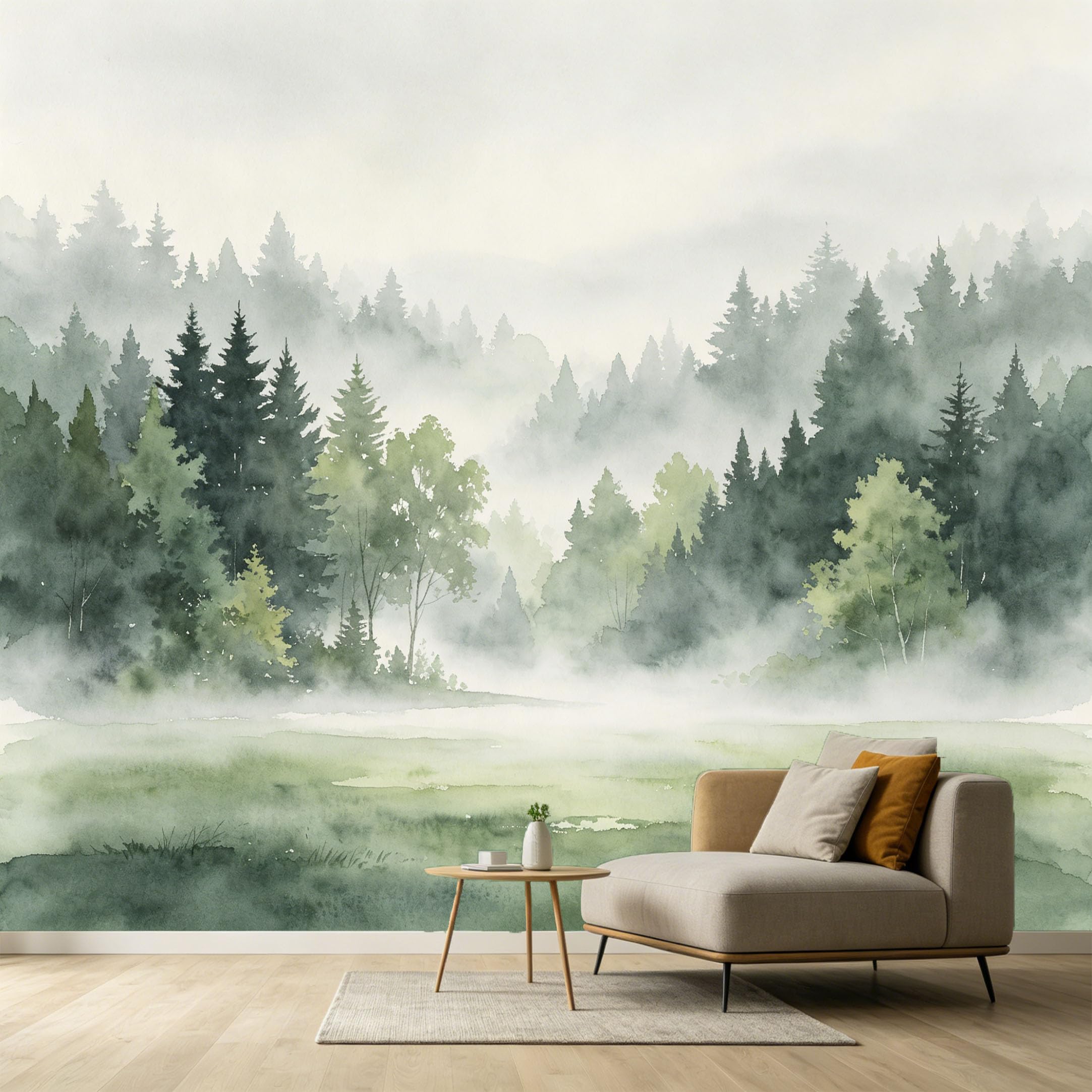 Custom Size Wall Murals Misty Forest Watercolor Landscape Pine Trees Foggy Woodland SelfAdhesive Wall Fabric Removable Large Wallpaper for Photo Living Room