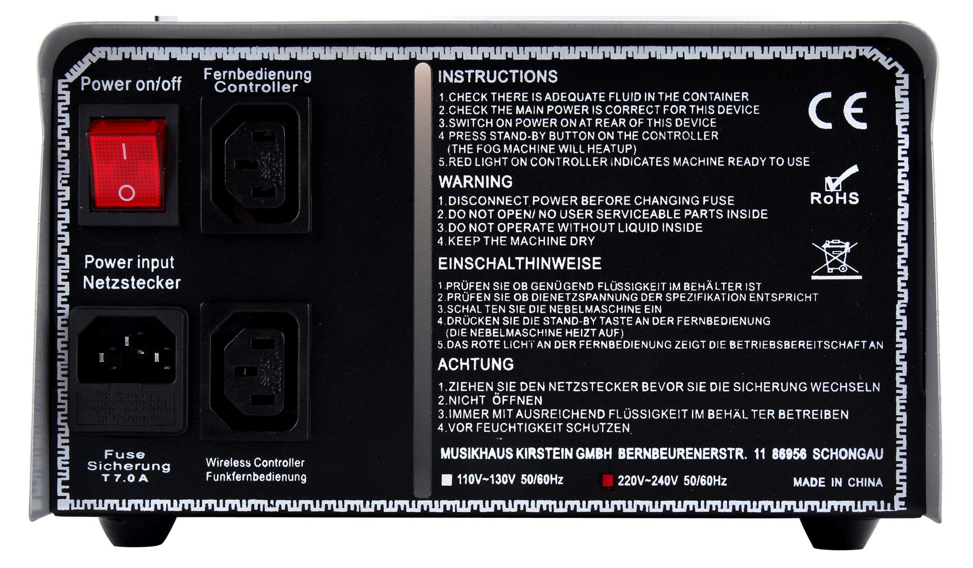 Showlite SN-1200 Nebelmaschine Set (1200 Watt, 350m³ Nebelausstoß/min, 7 Min. Aufwärmzeit, Kabel- und Funkfernbedienung, 5 L Nebelfluid)