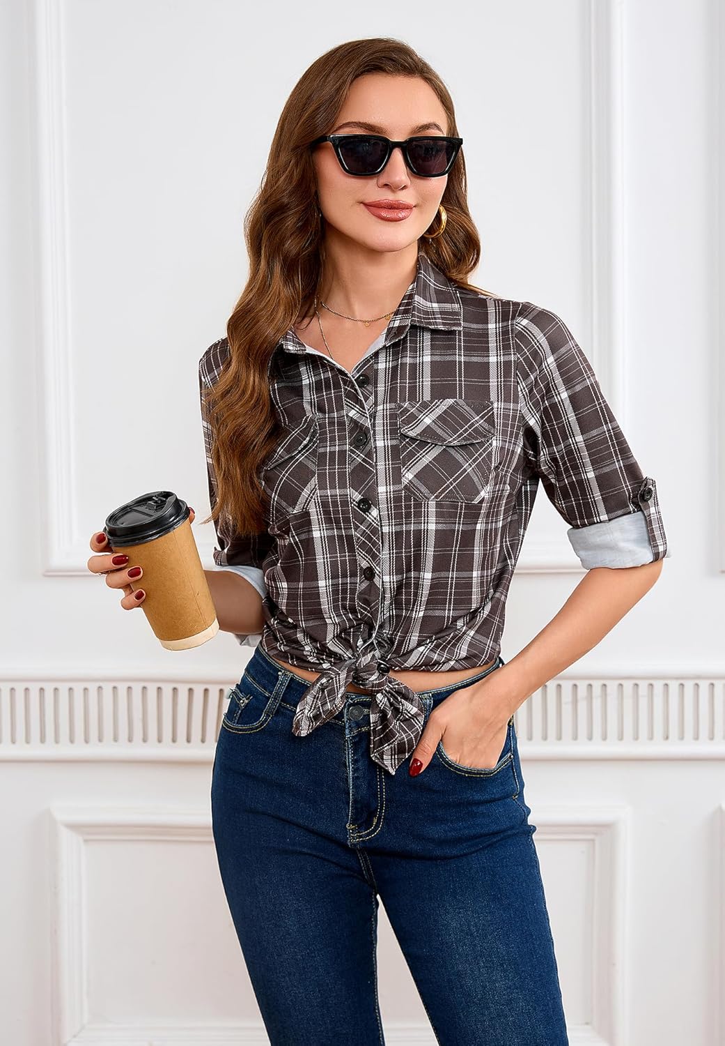 KOMANA Women's Roll Up Stretchy Knit Plaid Shirts Button Down Long Sleeve Blouses for Women Tops - Image 3