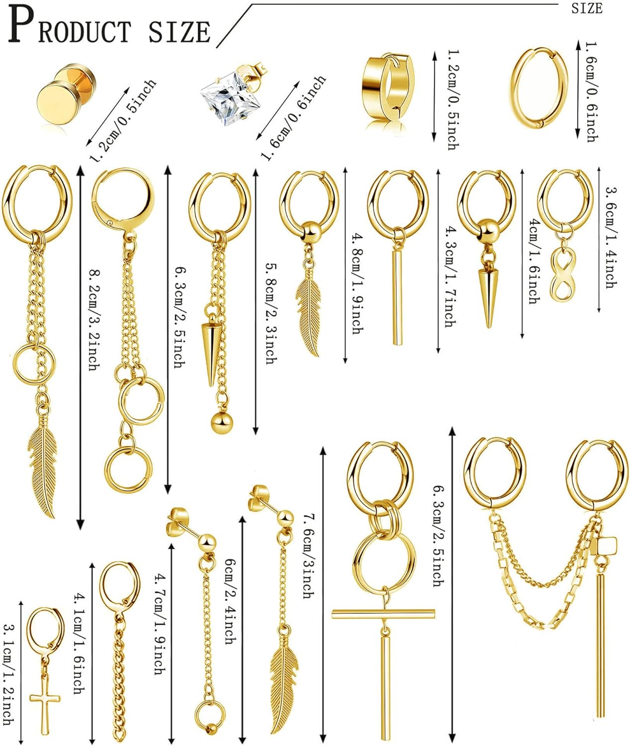 Kakonia Oorbellen voor mannen met hanger, 22 stuks, roestvrij staal, scharnierend, Huggie-oorbellen, punk, lange ketting, slang, veer, zwaard, kruis, bengelen, Kpop, zwart en zilverkleurig, Roestvrij