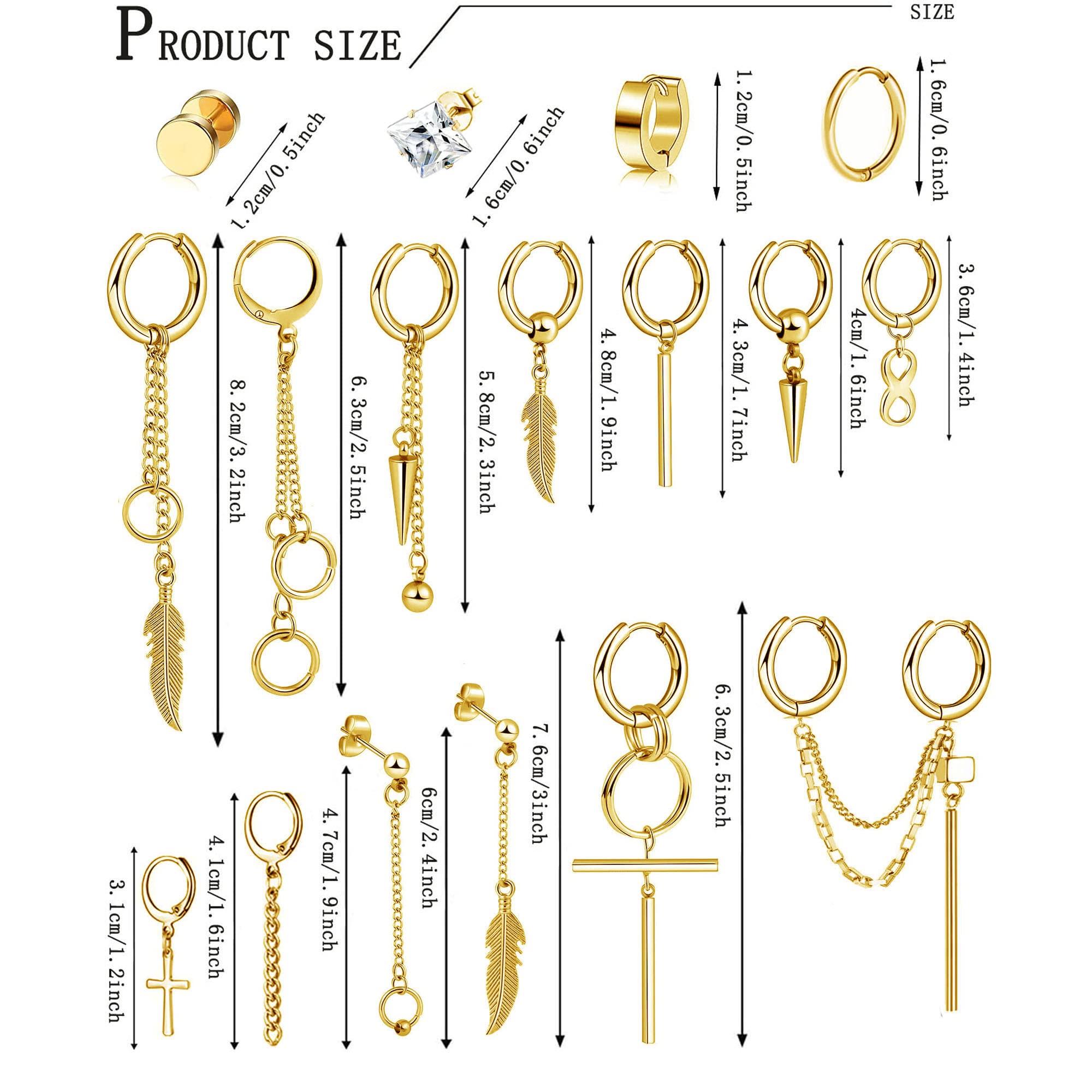 21Pièces Boucles d'Oreilles Créoles Pour Hommes Femmes en Acier Inoxydable Punk Boucles d'Oreille Pendante Croix Plume Zircone Ronde Clous d'Oreilles Cool Chaîne Kpop Boucles d'Oreilles