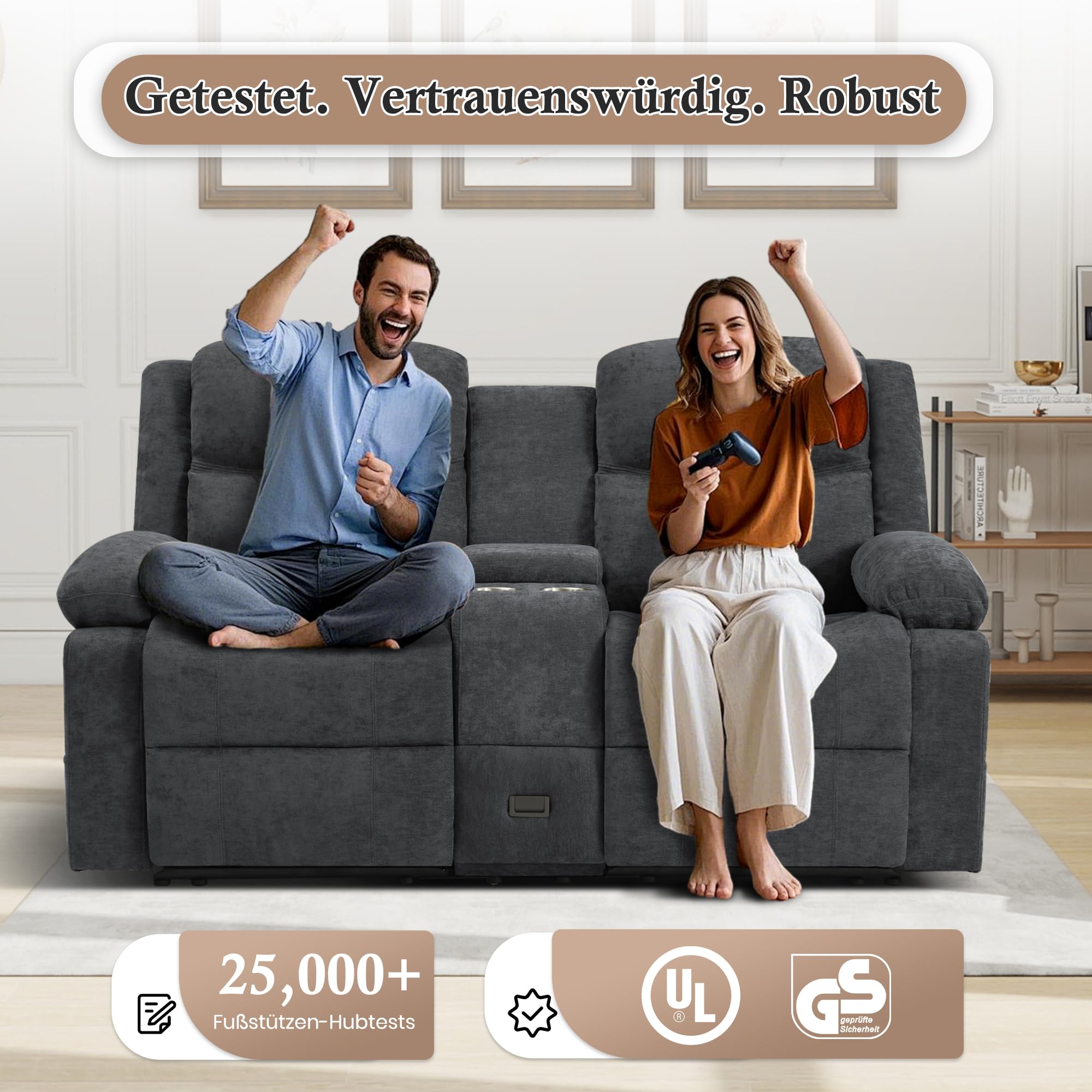 Zweisitziges Relaxsofa mit manueller Liegefunktion, Stoffbezug, Mittelkonsole mit Becherhaltern & Seitentasche – Doppel-Liegesofa ideal für Wohnzimmer, Büro oder Wohnung (Grau)