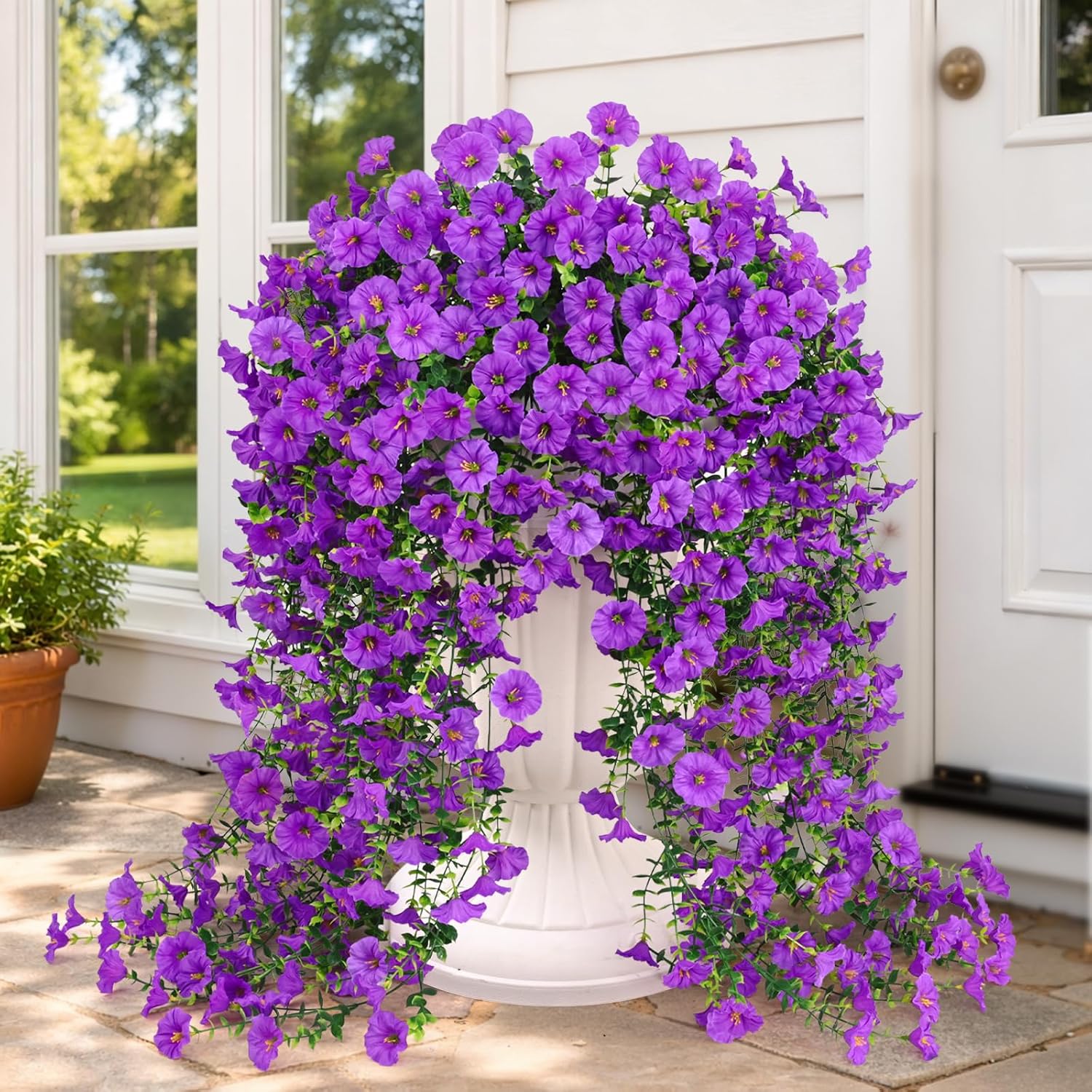 Artificial Flowers for Outdoors, Fake Hanging Flowers for Decoration, UV Resistant Artificial Outdoor Plants, 4 Pcs Artificial Petunias for Outdoors Garden Patio Porch Yard Decoration, Purple