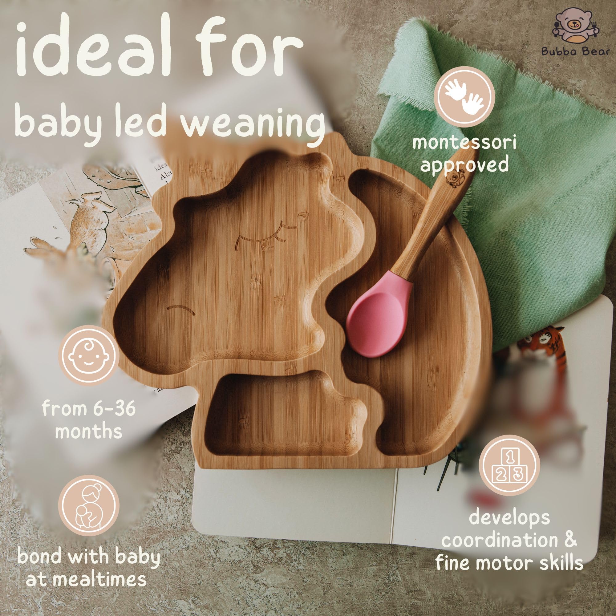 Bubba Bear Set di piatti con ventosa, realizzati in bambù naturale, piastre con ventose per lo svezzamento dei neonati e l'alimentazione dei bambini (unicorno)