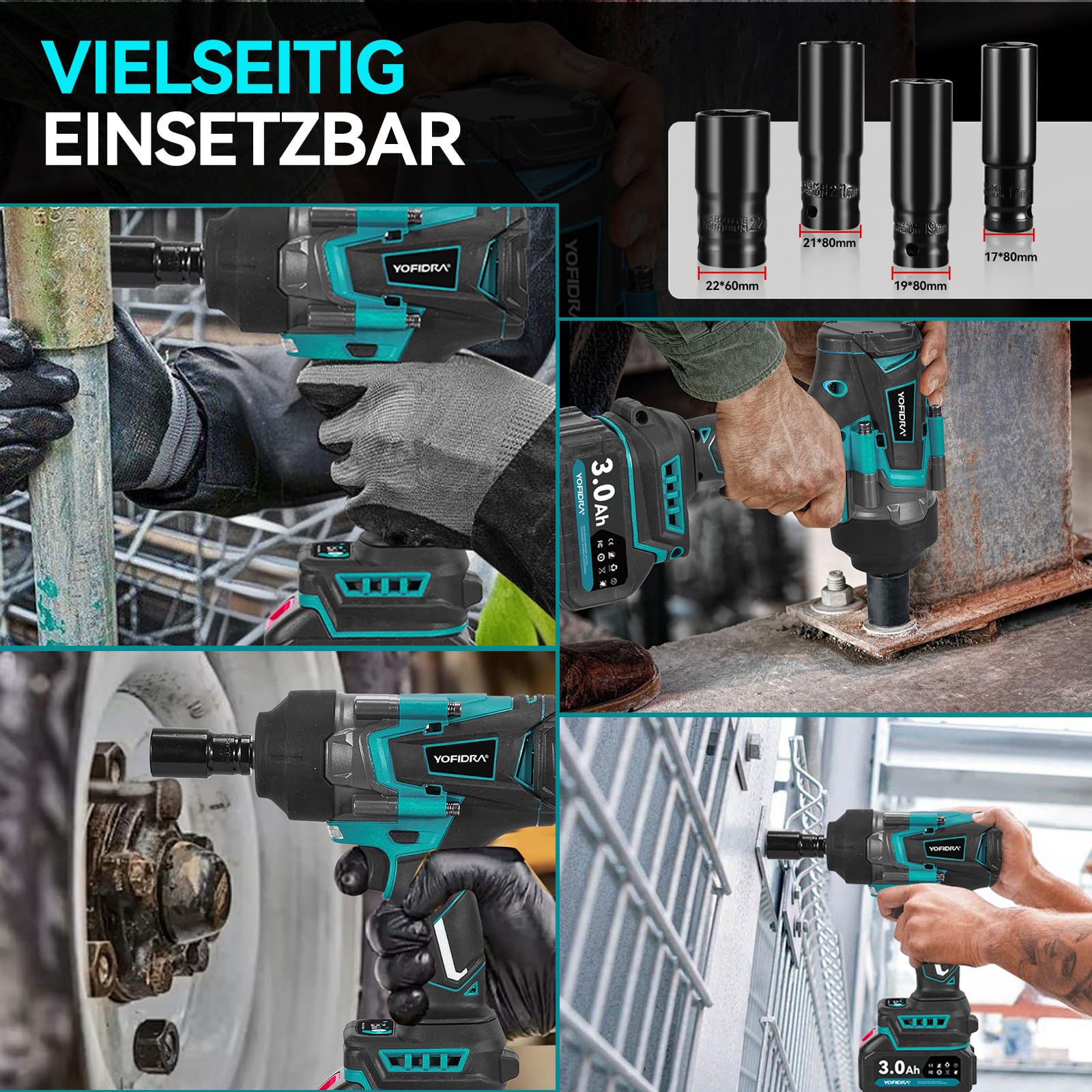 Yofidra Llave de Impacto Inalámbrica sin Escobillas 1700 Nm,1/2" Llave de Impacto Eléctrica 2 Batería 3000 mAh, 3 velocidades, luz LED, 4 vasos, Pistola de Impacto Baterías para y maquinaria pesada