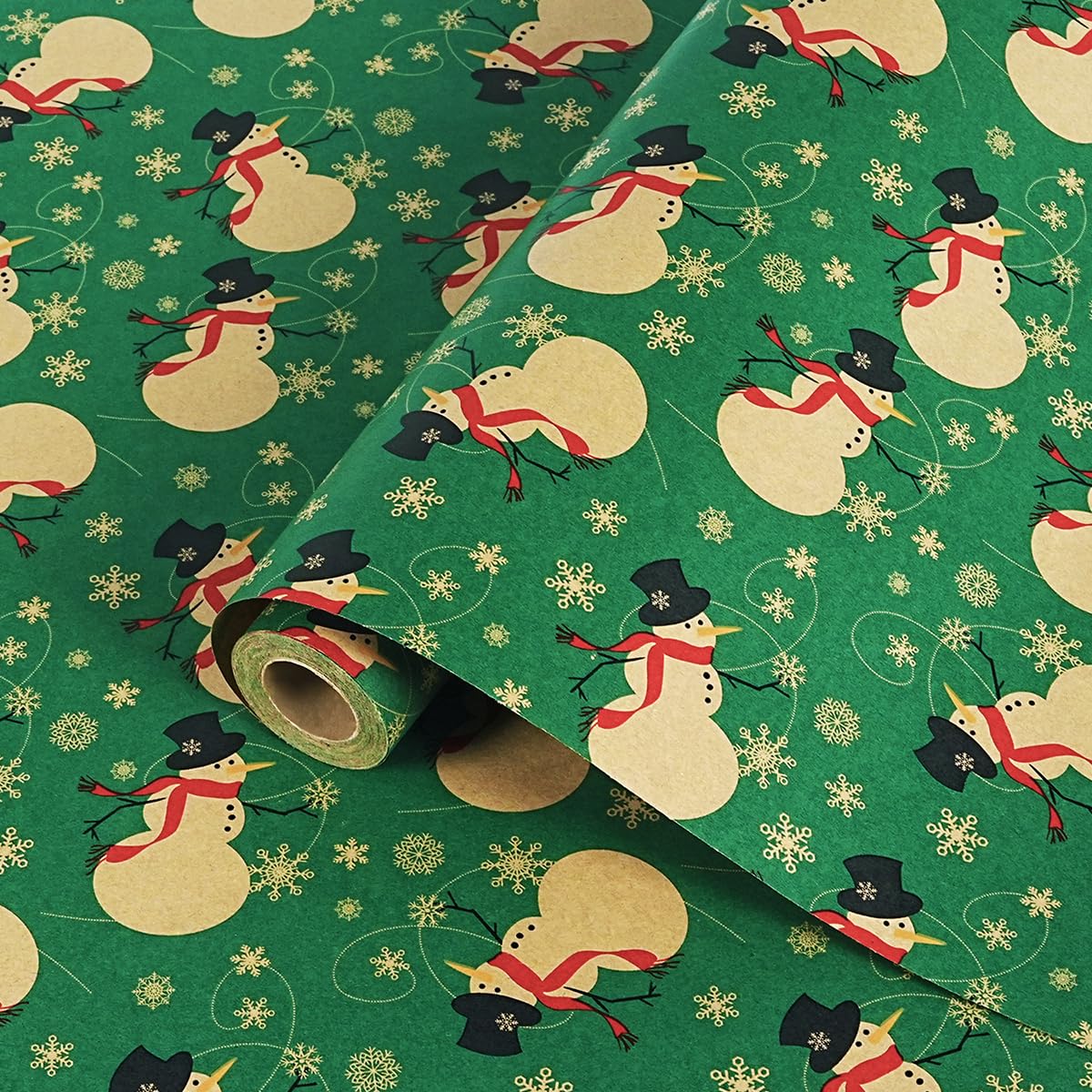 Green Christmas Wrapping Paper Roll - 43cm x 10m, Recyclable Green and Brown Kraft Christmas Wrapping Paper, Classic Vintage Snowman Snowflake Gift Wrap Paper for Xmas New Year Winter Festival Party