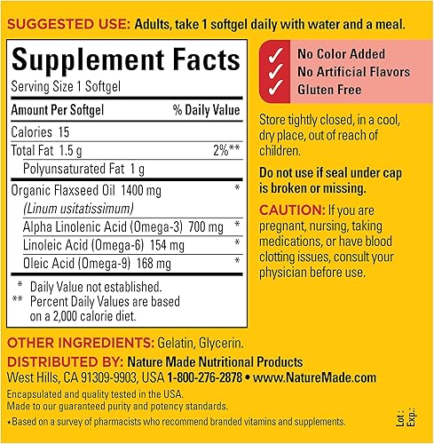 Miniatura 5 de Nature Made Aceite de linaza extra fuerte de 1400 mg suplemento dietético para apoyo a la salud cardíaca 100 cápsulas blandas suministro de 100 días