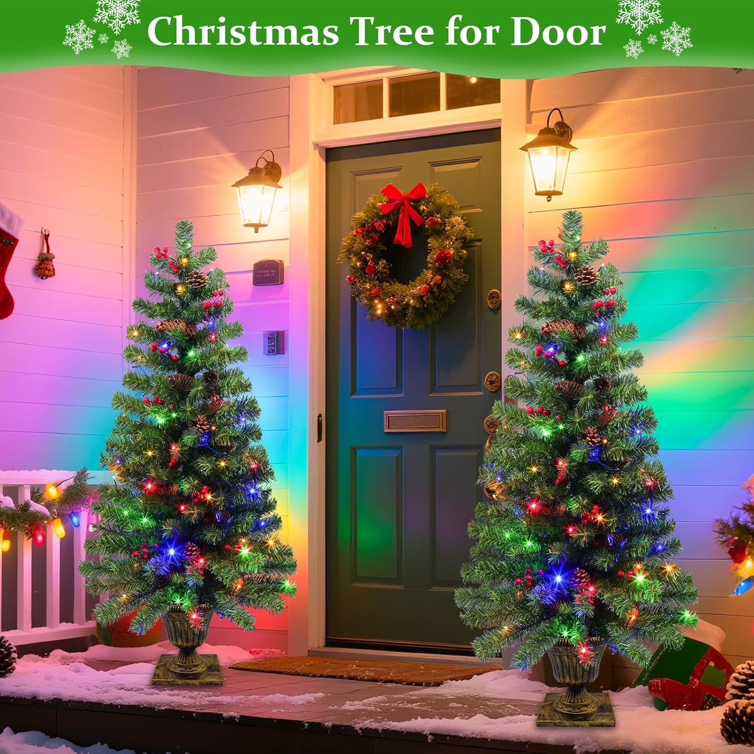 2 Pack 4 Ft Potted Artificial Christmas Entrance Tree with 60 LEDs Warm White & Colorful Light Change 8 Mode Auto Timer Battery Operated 140 Branches 15 Pinecone 15 Berries Door Porch Xmas Decor