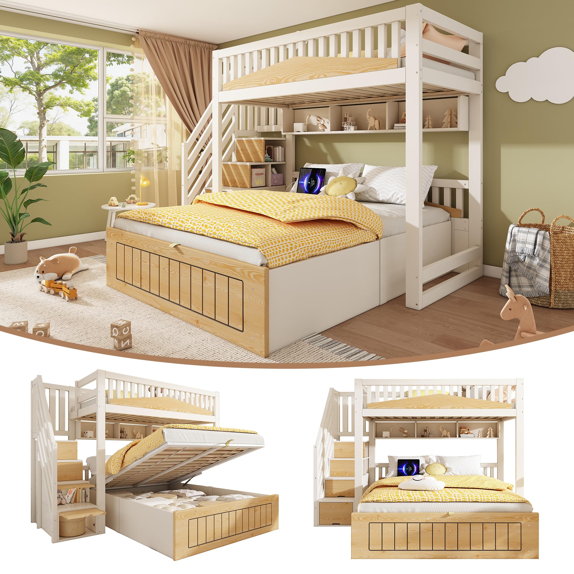 Merax Kinder Holz Etagenbett 90x200 & 140x200 cm mit Treppenschrank, hydraulischem Stauraum & USB-C Ladestation, Familienbett Hochbett mit Sicherheitsgeländer, Weiß Natur