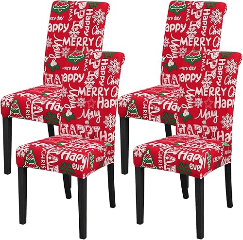 FORCHEER Juego de 4 fundas de Navidad para sillas de comedor, fundas elásticas para sillas de cocina, fundas de elastano lavables para sillas