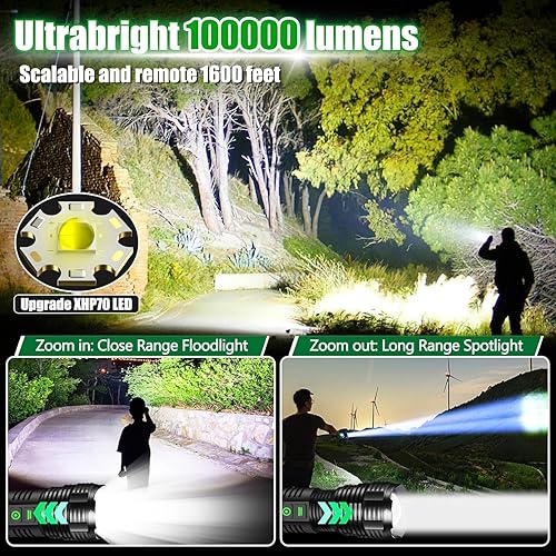Miniatura 6 de Paquete de 2 linternas recargables, 100000 lúmenes altos, linterna táctica LED súper brillante con 5 modos, alta potencia, impermeable, doble botón,