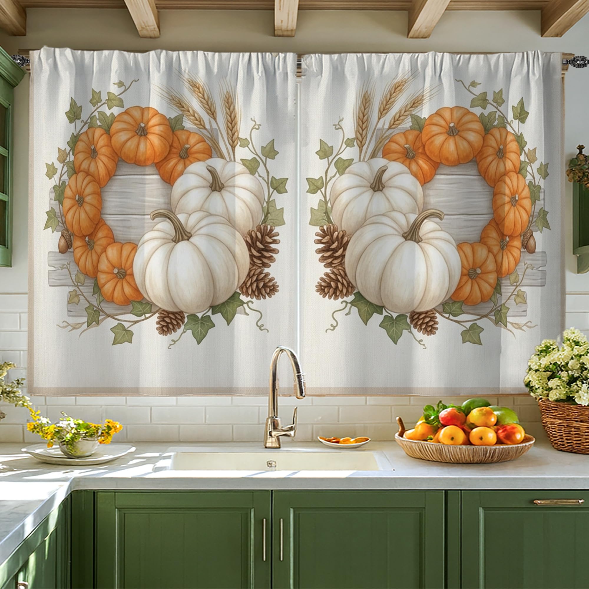 Rideaux de cuisine citrouilles et feuilles d'automne pour décoration de petite fenêtre