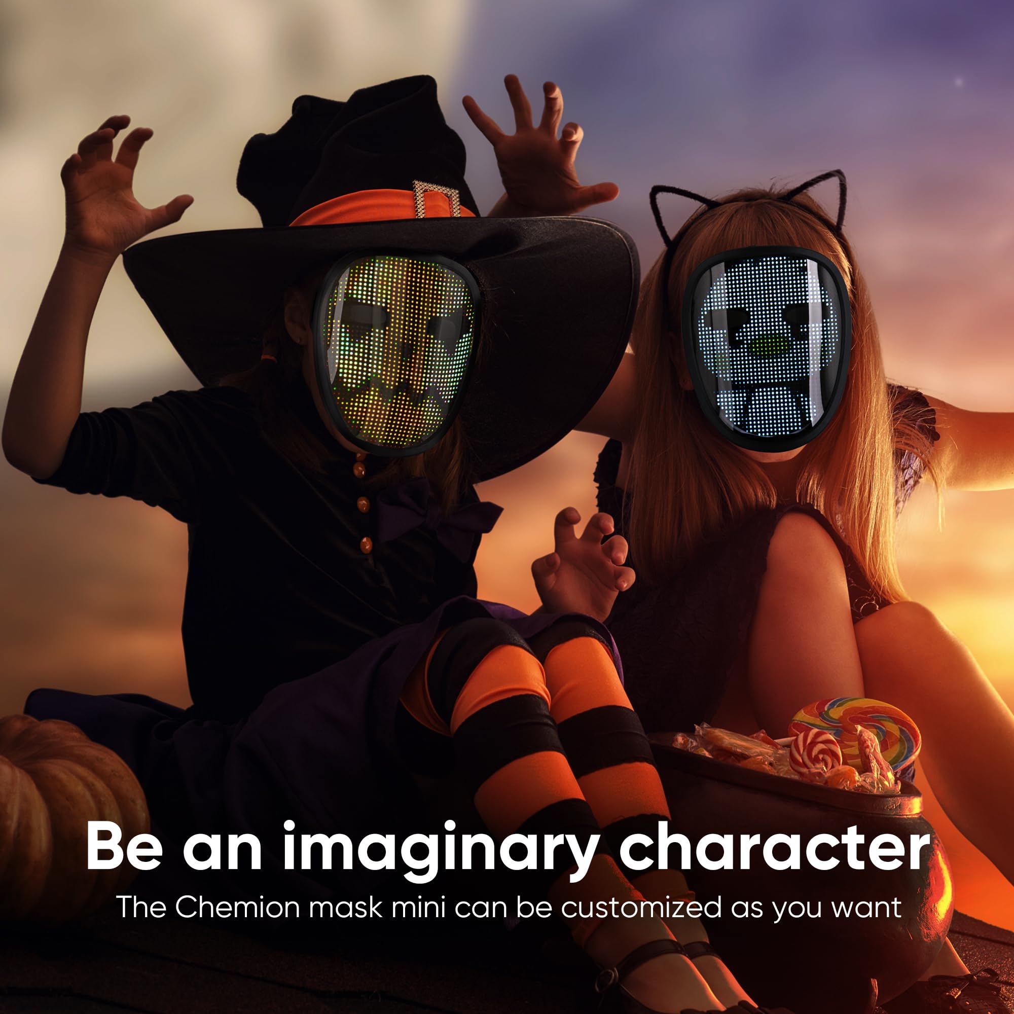 CHEMION Led Face Mask Mini with Bluetooth App, Digital Face Mask for Birthday Parties, Concerts, Costume mask (Kids, USB Charging)