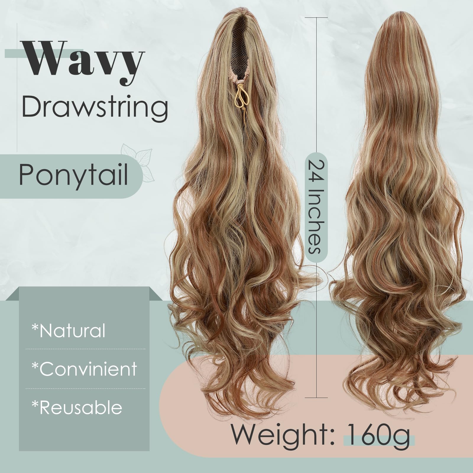 TESS Wavy Ponytail Extension, Drawstring Clip in Ponytail Hair Extensions, Long Hair Extensions, 24 Inches 160g - Image 2