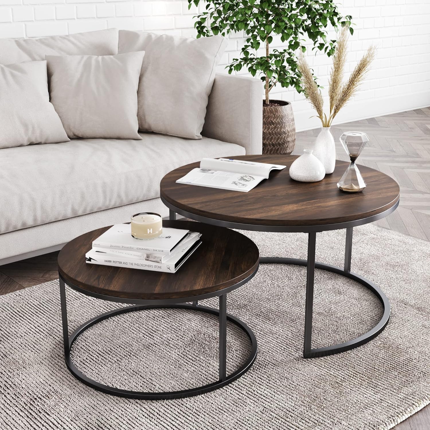 PFATURKHN Coffee Table Set of 2 - Mid Century Modern Round Coffee Tables for Living Room,Nesting Coffee Tables Easy Assembly Minimalist Coffee Tables for Bedroom Office Balcony Yard,Rustic Brown Black