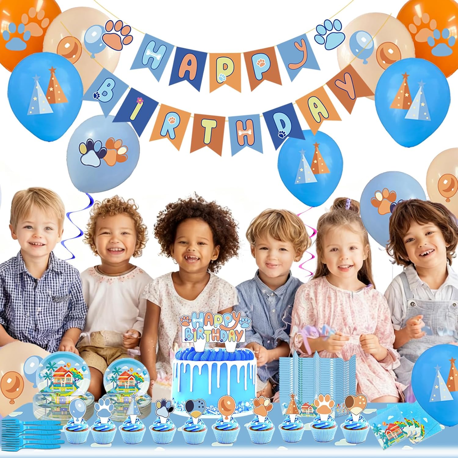 Blue Dog Birthday Decorations for 20 Guests - Blue Birthday Party Supplies Banner, Tablecloth, Balloons, Plates and Napkins, Fork, Cake Toppers, Paper Food Trays - Image 2