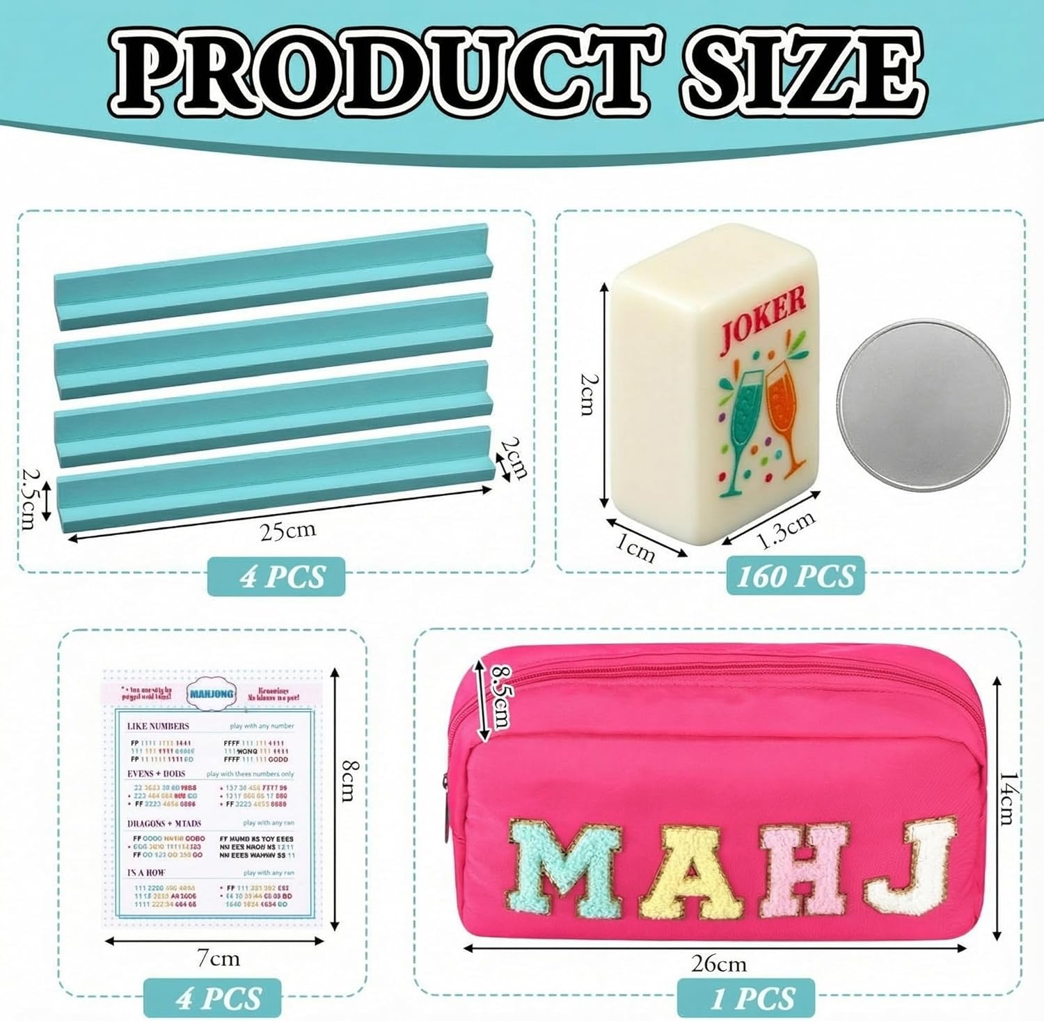 Soulchen Mini American Mahjong Tile Set Include 160 0.8 Inch Mahjong Tiles 2 Dice 4 Wooden Rulers 1 Accessory Bag 4 Beginner Rule Cards(Cocktail)