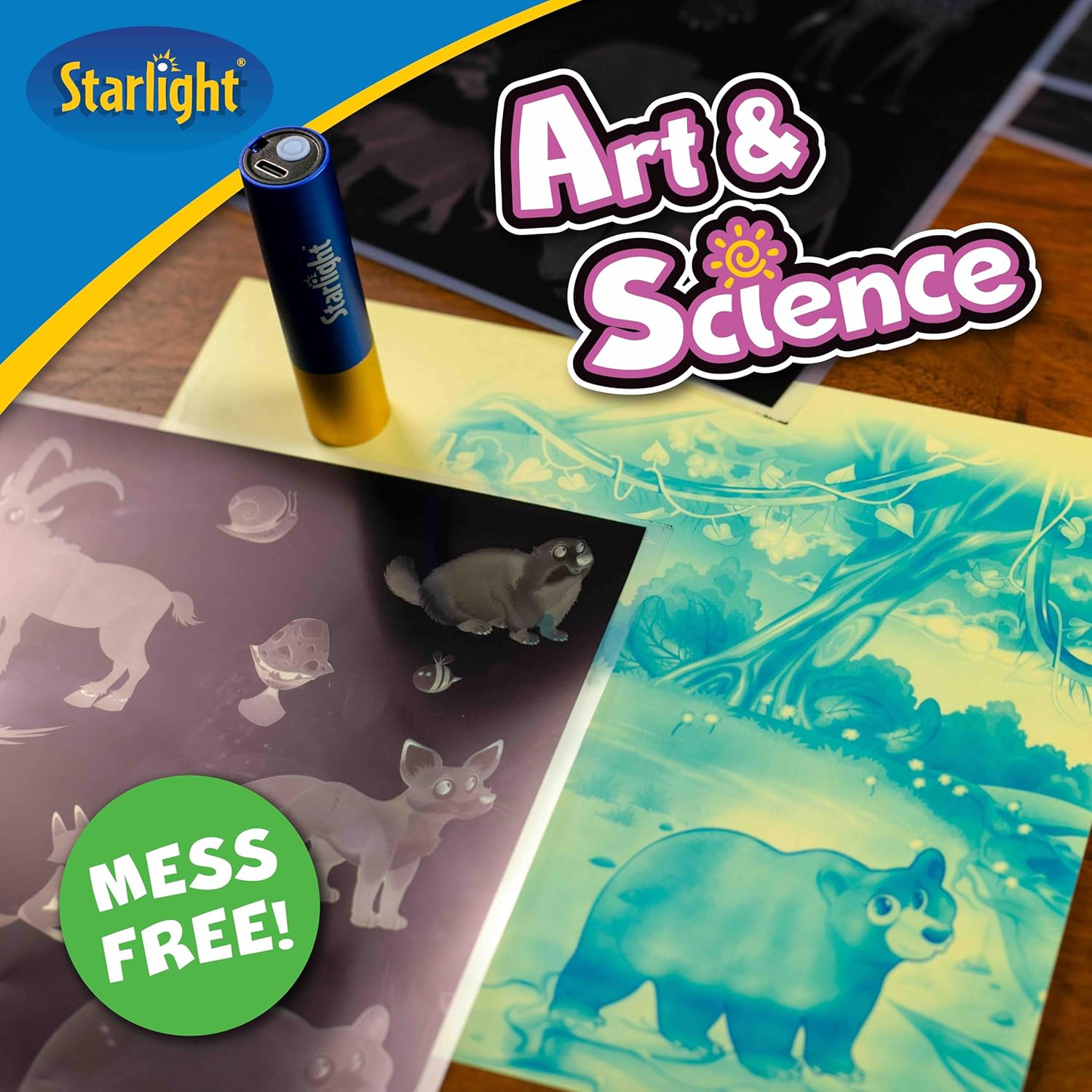 Starlight Light-Activated Paper Art Kit – Animal Kingdom Theme, Mess-Free Craft for Kids Ages 6, 7, 8, 9, 10, DIY Creative Gift with UV Flashlight for Boys & Girls