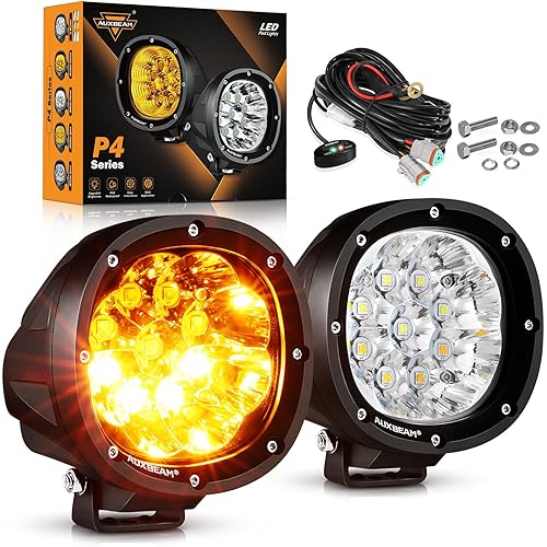 Auxbeam 6 Modes Amber White LED Lights 4 inch 90W, Round Off Road Fog Lights Strobe Dual Color LED Pods Driving Offroad Spot Light Bar Plug & Play for Trucks Car Ford Polaris Wrangler