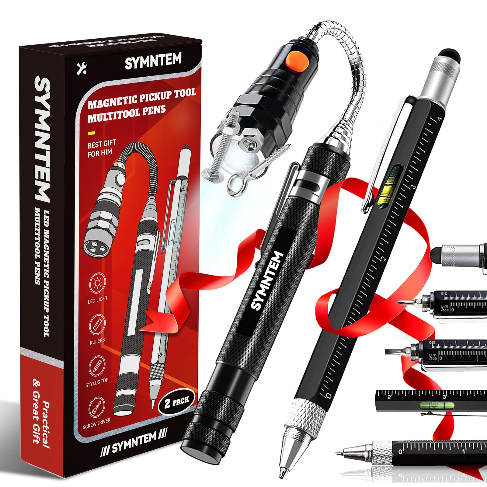 Gifts for Dad, Magnetic Pickup Tool, 6-in-1 Multitool Pen,Includes Touch Screen Stylus, Rulers, Bubble Level, Flathead，Phillips Screwdrivers, Ballpoint Pen, Gifts for Men, Black