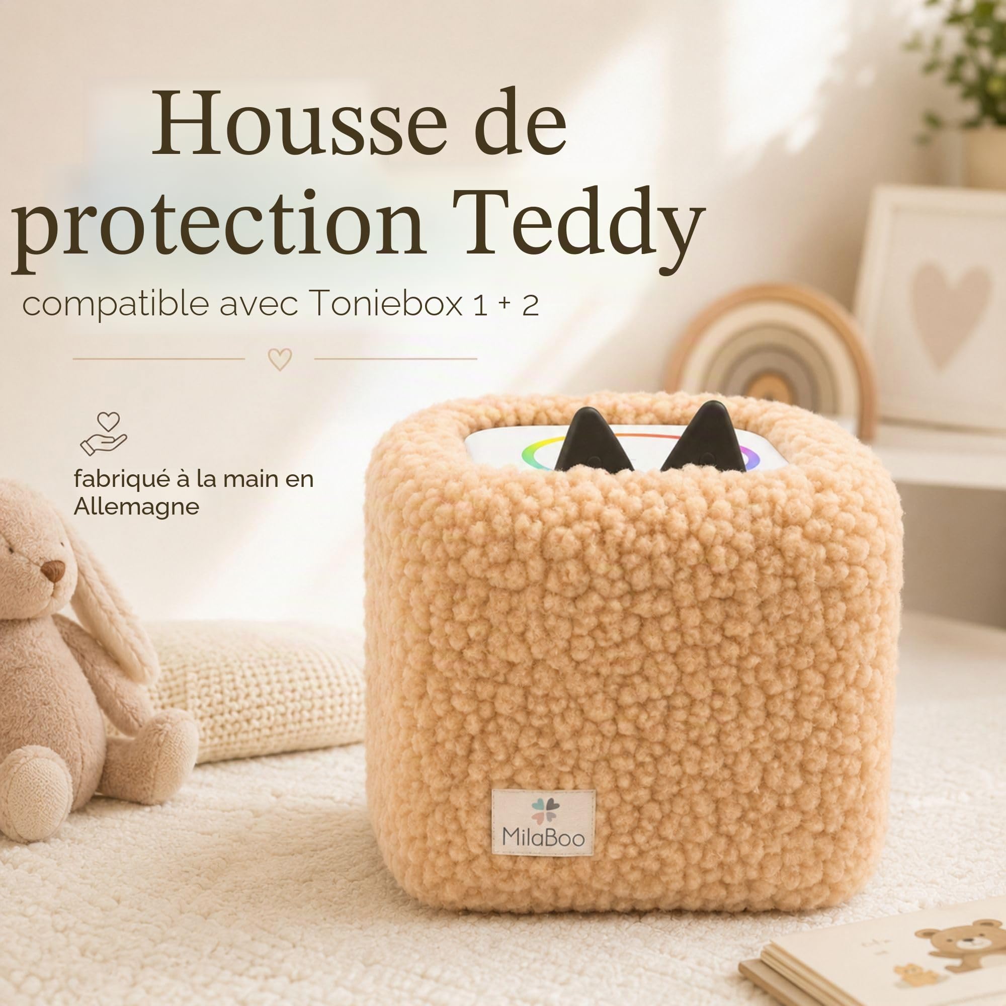 Milaboo Housse en peluche de qualité supérieure pour Toniebox 1 et 2, fabriquée à la main en Allemagne, avec tissu en peluche doux, housse de protection et manipulation facile (beige)