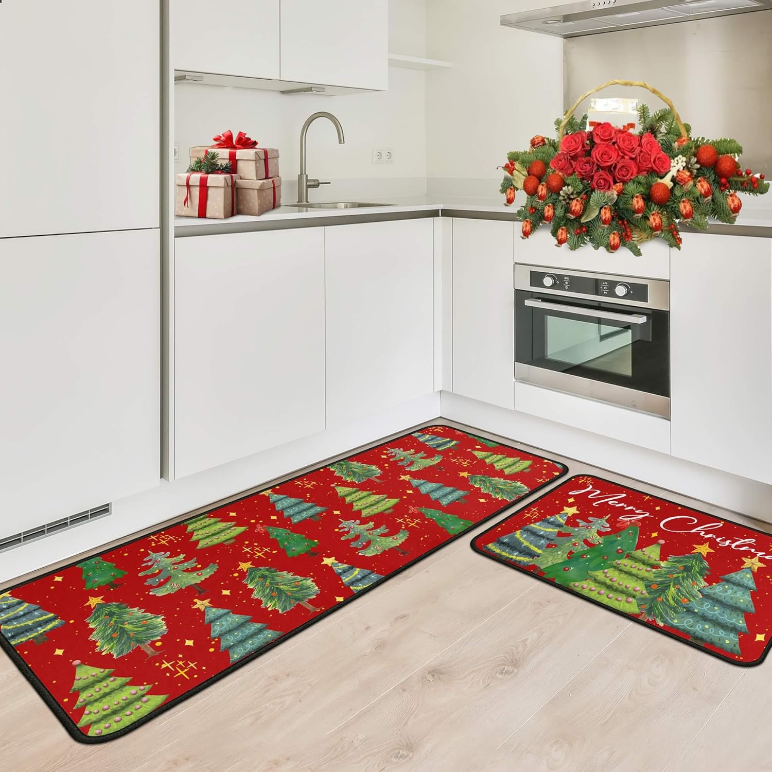 Xmas Trees Merry Christmas Red Kitchen Rugs Set of 2, Winter Holiday Party Low-Profile Floor Mat Decorations for Home Kitchen 17"x47"+17"x30"