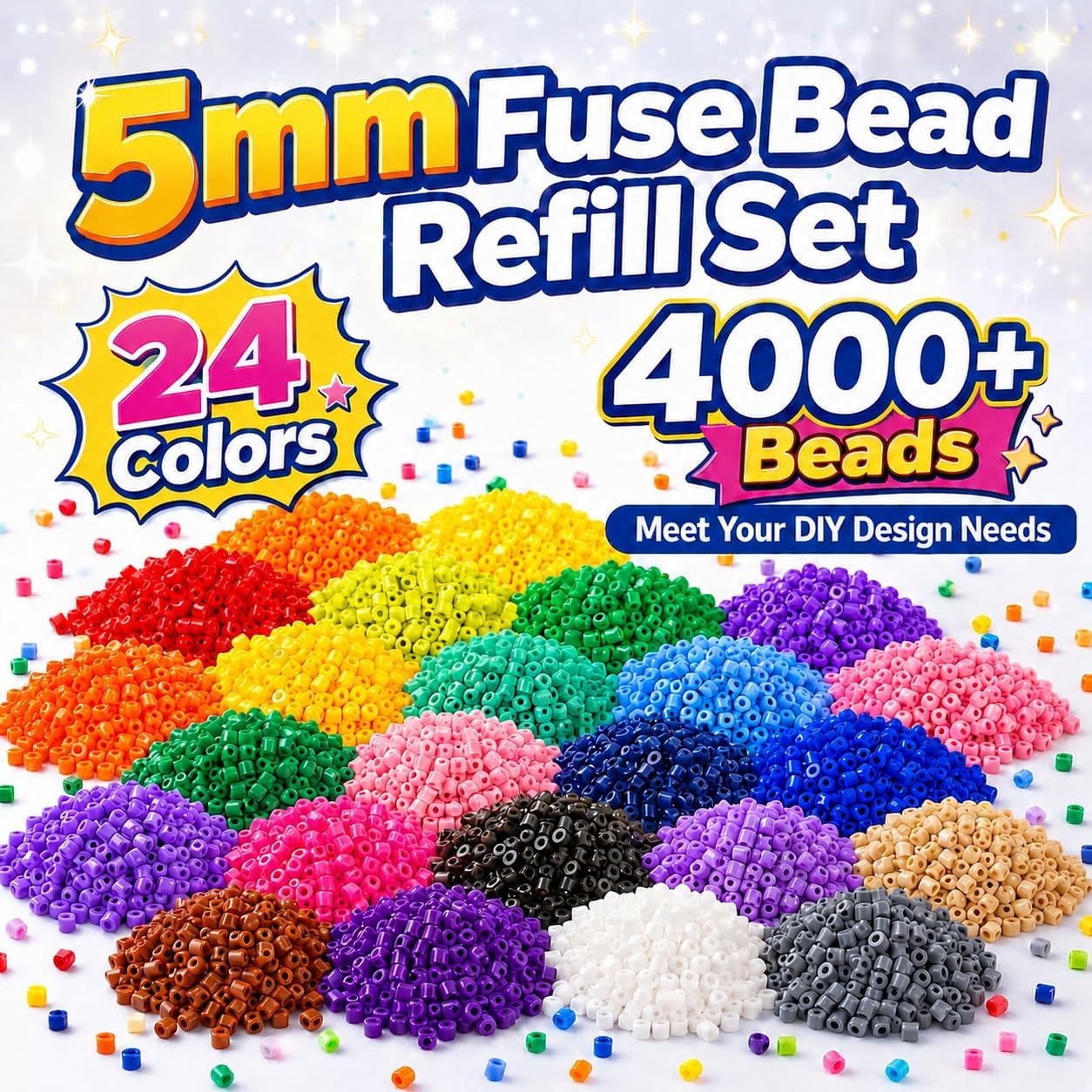 4000+ Pcs 5MM Fuse Beads Kit for Adults, 24 Colors Melty Beads Refill Kit