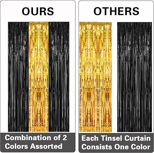 Miniatura 4 de PIGETALE, 2 Pack 3.2x8.2 Feet Black and Gold Tinsel Backdrop Party Decorations, Foil Fringe Curtains Backdrop for Birthday Graduation Wedding