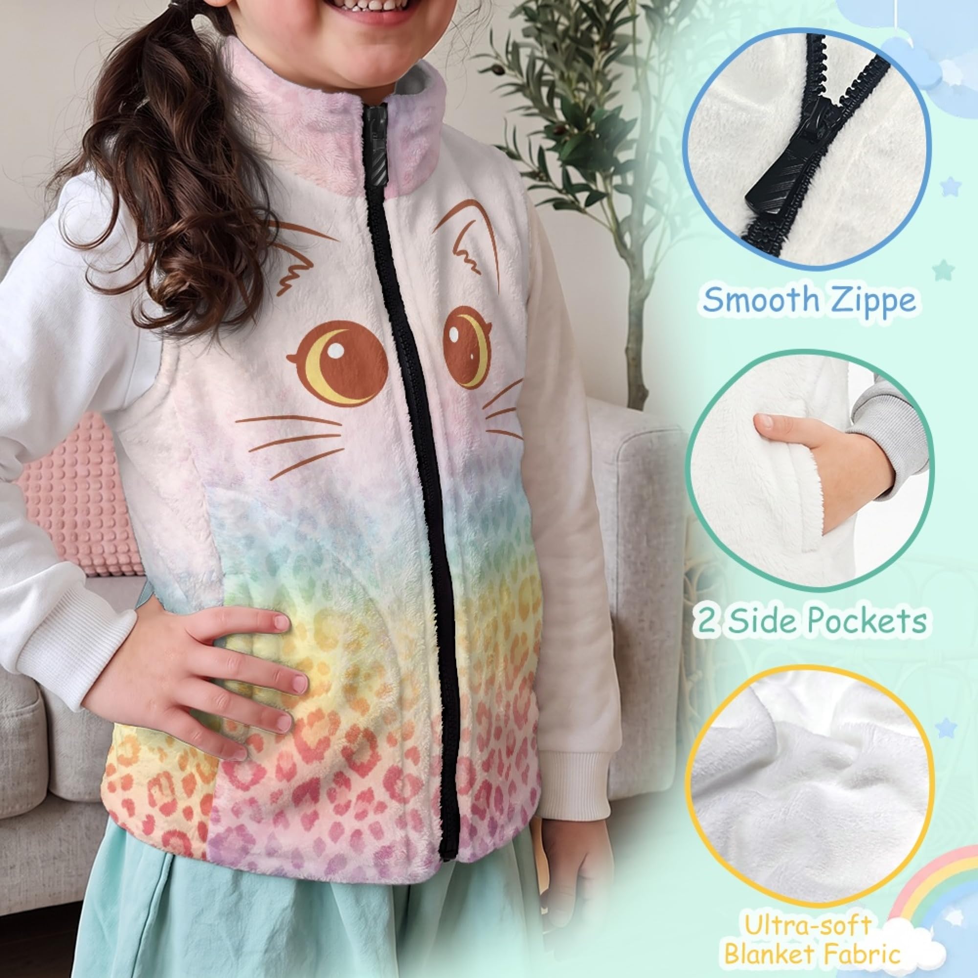 Amzbeauty Chaleco de forro polar para niños, sin mangas, estampado de gato