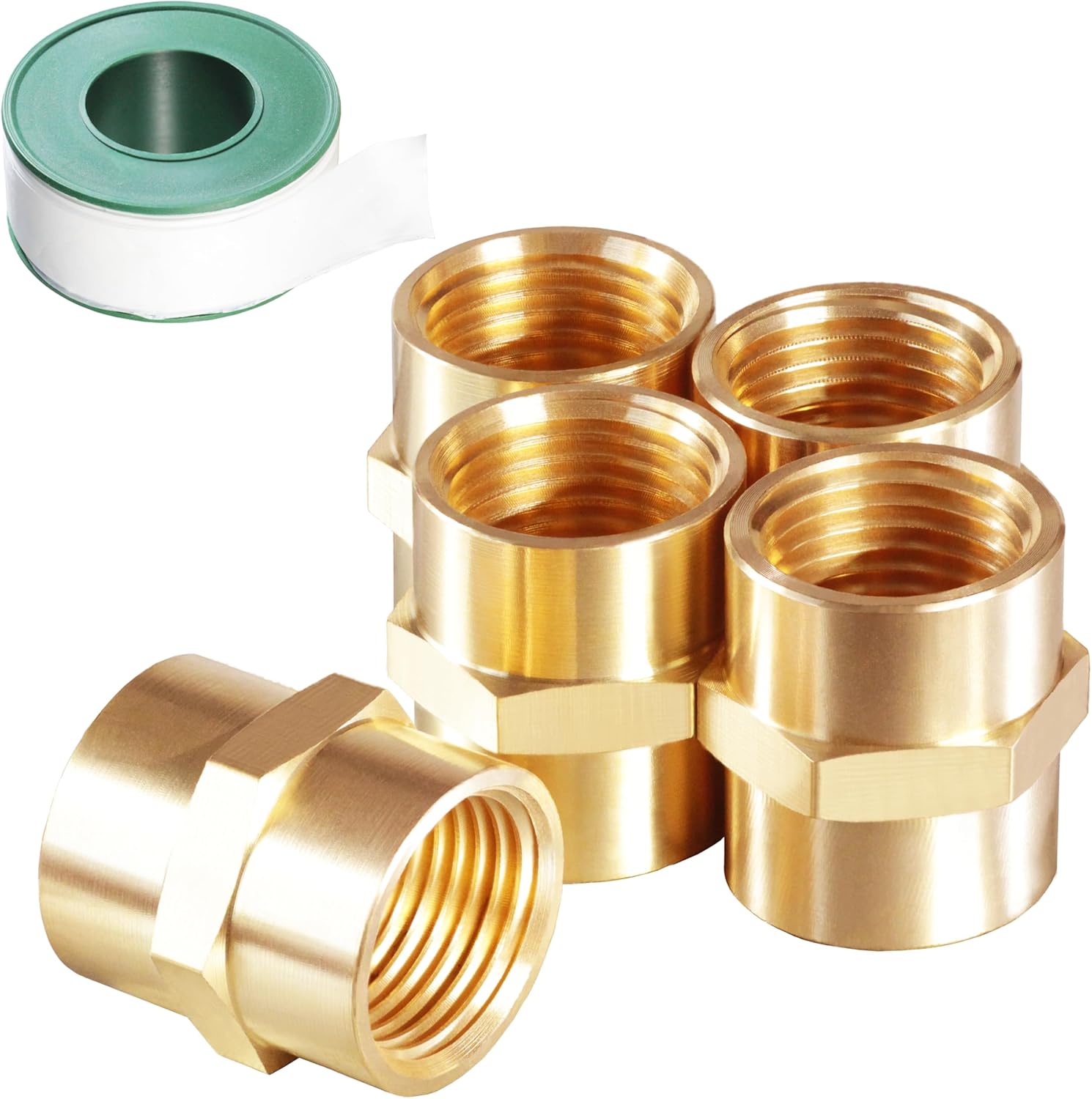 5PCS 1/2 Inch NPT Brass Hex Nipple Coupling Reducer Adapter Fittings 1/2" NPT Female to 1/2" NPT Female Thread Diameter Coupler Air Hose Pipe Fittings Adapter for Pipe Line/Oil/Gas