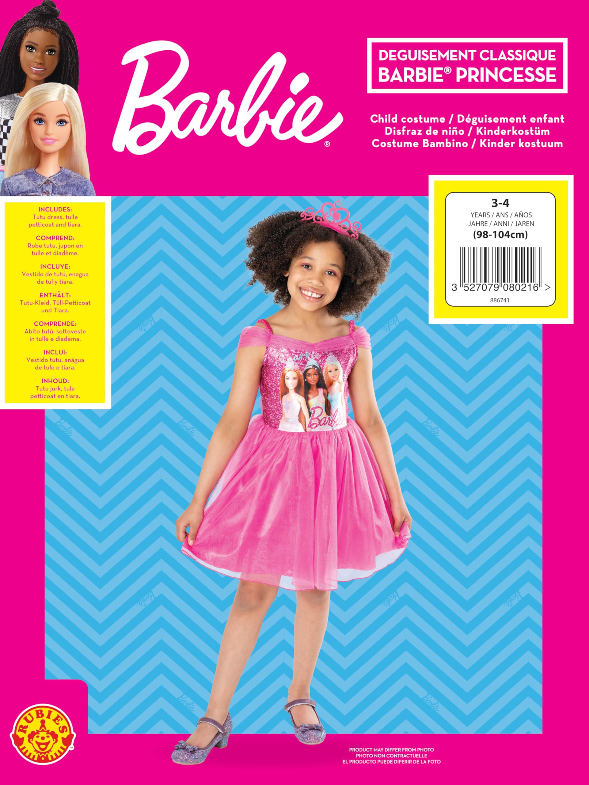 Rubies Barbie Ufficiale - Costume classico Barbie Principessa per bambini, taglia 2-8 anni a scelta, abito tutù rosa con top stampato Barbie, costume per Halloween, carnevale, Natale