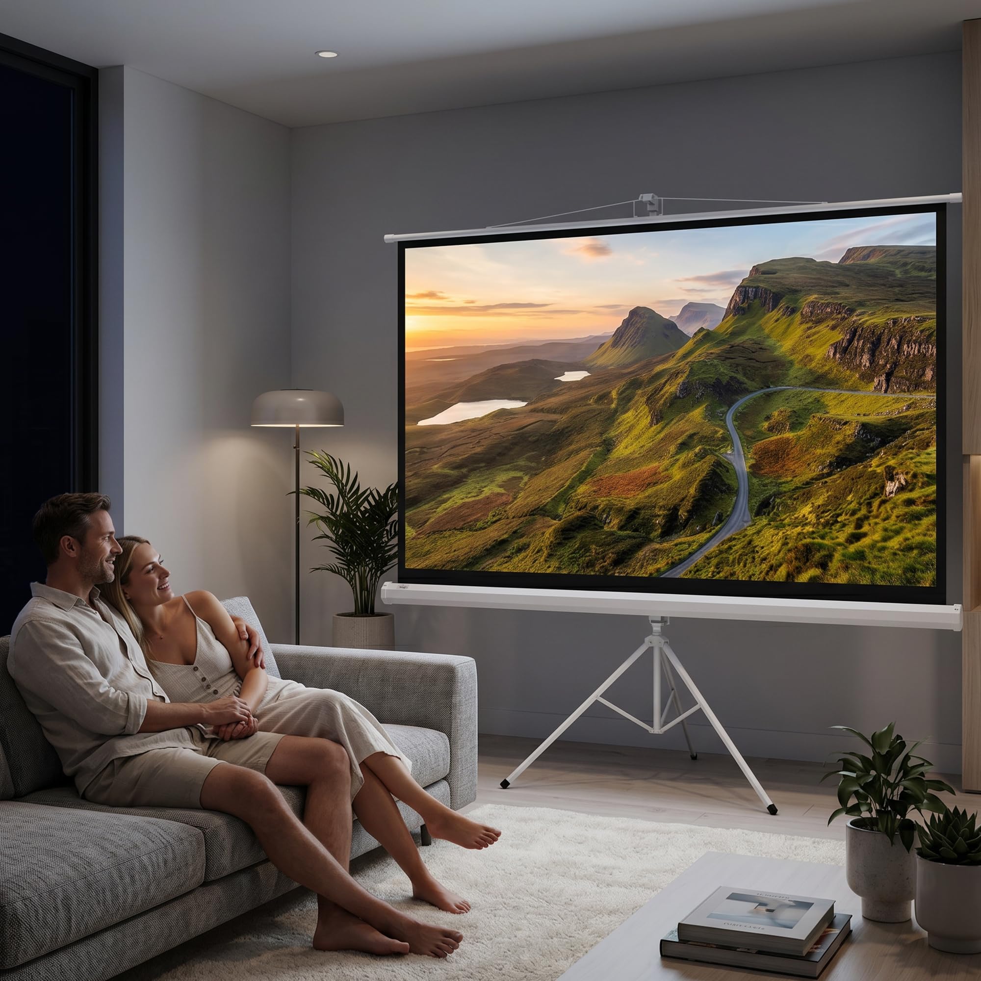 HOMCOM Telo Proiettore da 84 Pollici 4K HD Formato 16:9 con Treppiede Pieghevole e Altezza Regolabile, Schermo Proiettore Portatile, Grandangolo di 160 Gradi, per Casa, Home, Cinema, Esterno, Bianco