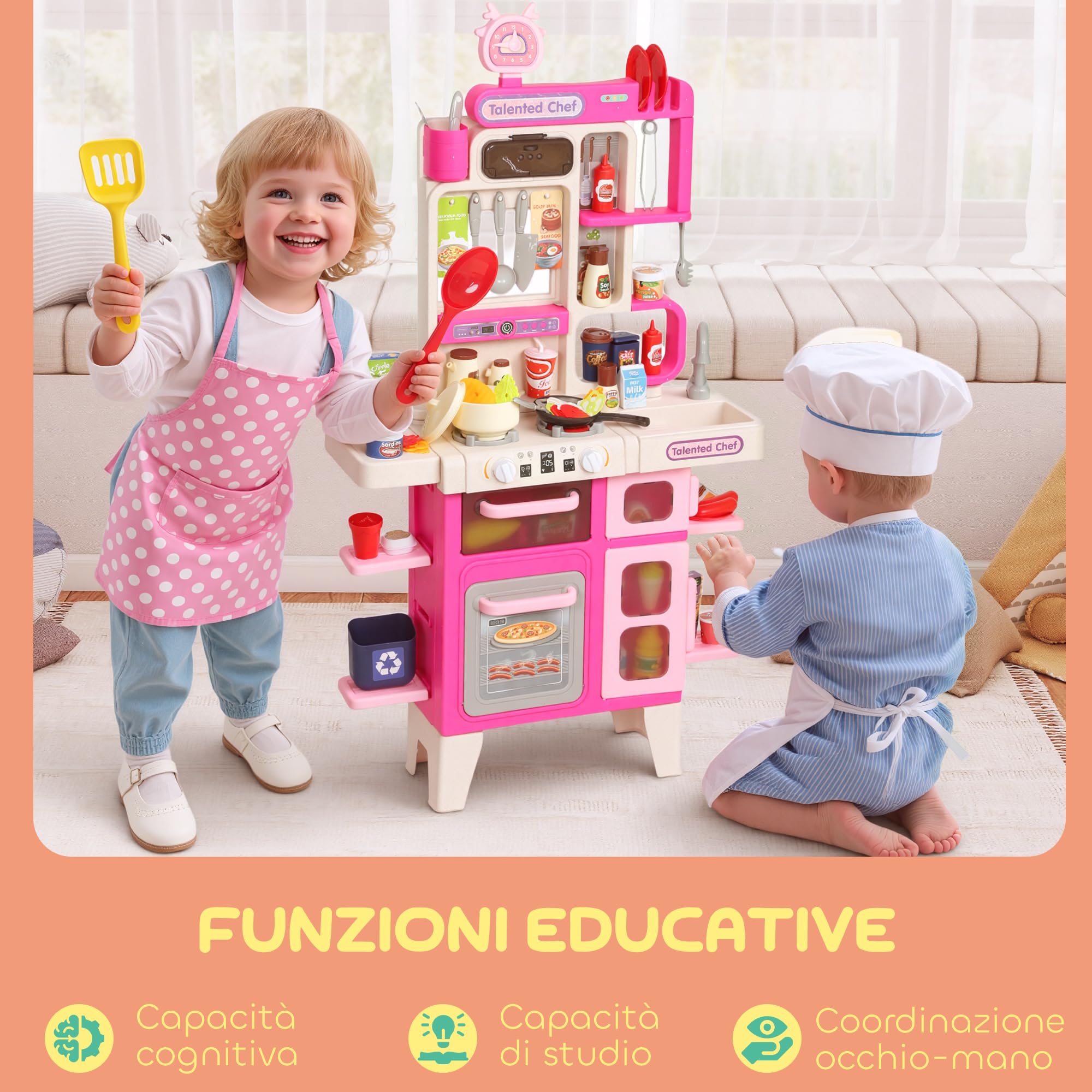 AIYAPLAY Cucina Giocattolo con 104 Accessori 3-6 Anni 52.5x22x100 cm Rosa | Suoni Realistici, Gioco per Bambini, in PP, PE e ABS