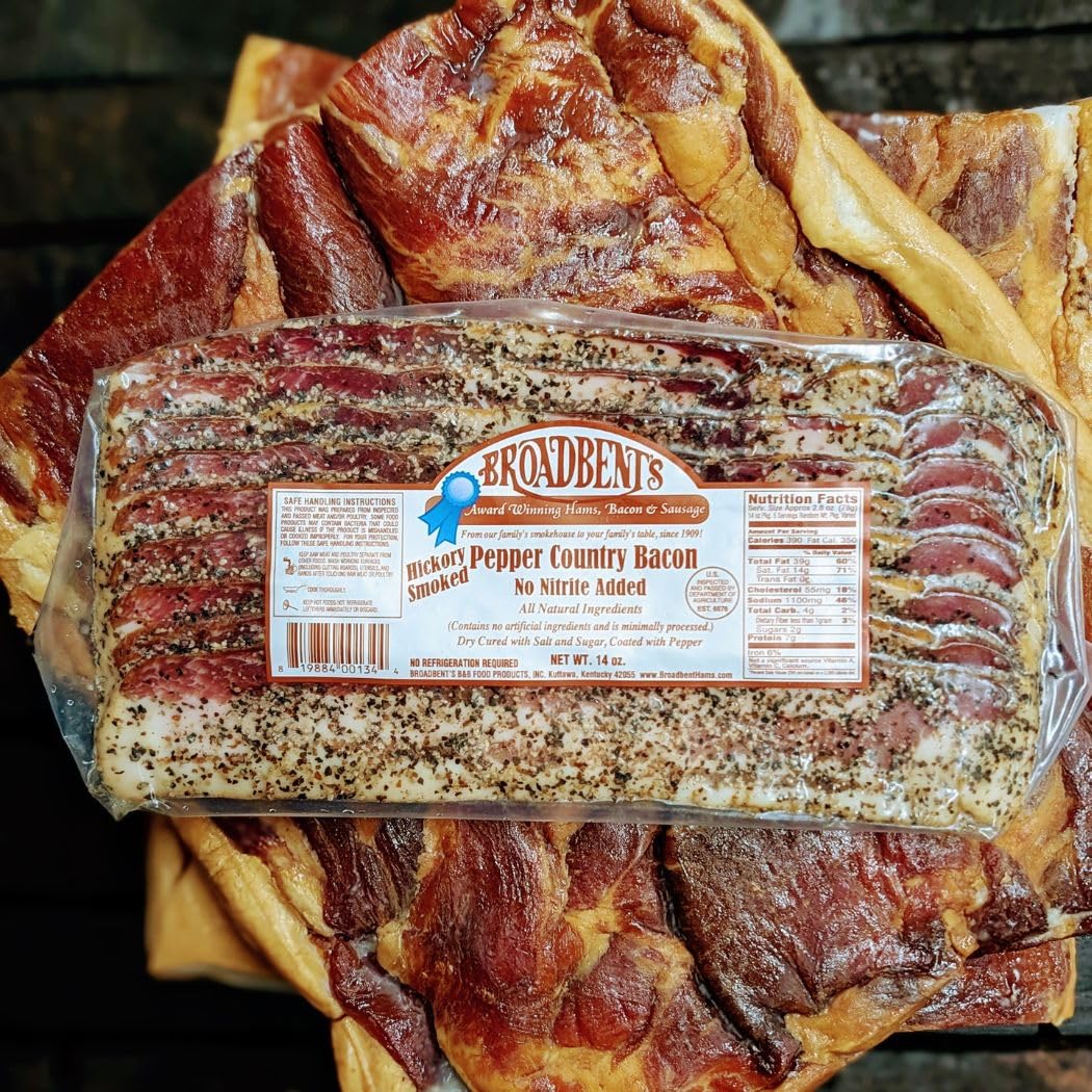 Broadbent's Hickory Smoked Peppered Country Bacon, No Nitrite Added, 14oz, 4 Pack