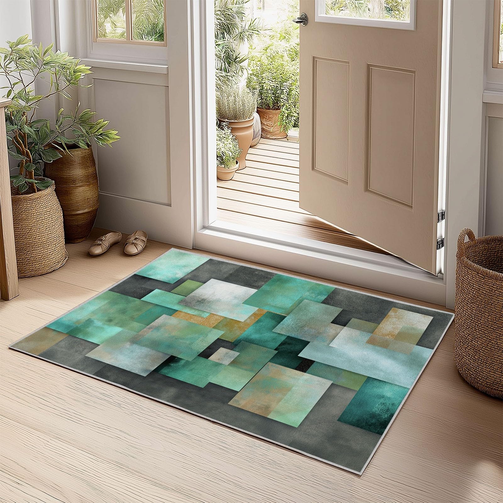 Tapis de Salon pour Hommes et Bureau, Flanelle Lavable en Machine Antidérapant Hypoallergénique, 80 x 150 cm, Style Géométrique Cubisme Moderne, Vert et Gris
