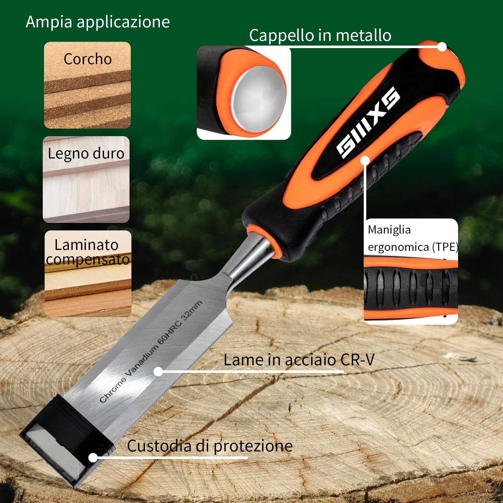 Set di Scalpelli per Legno 8 pezzi con 1 guida di affinamento, 1 pietra da macinatura e 2 penne da camera