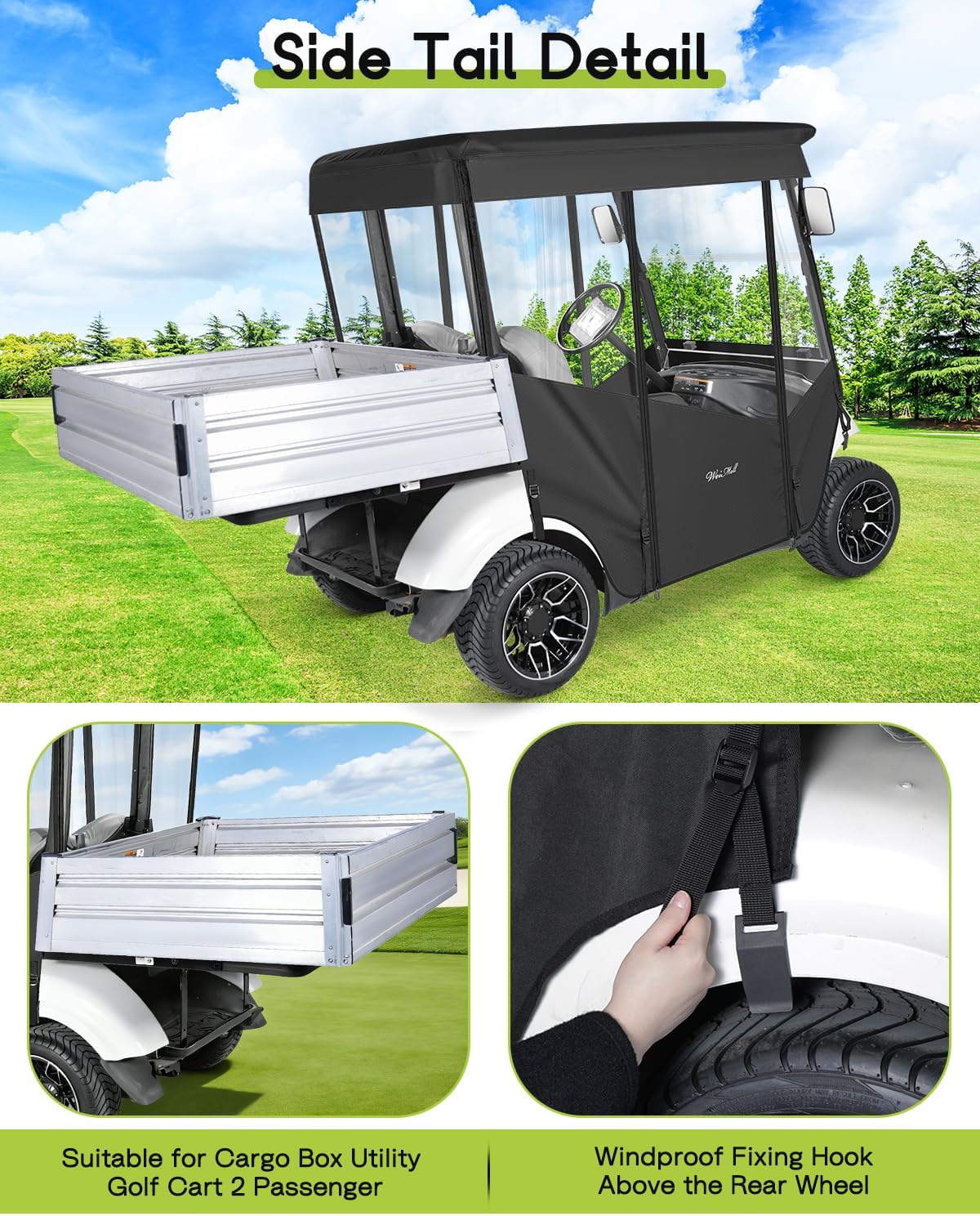 Golf Cart Enclosure 2 Passenger for Yamaha G29/Drive2 2-Seater with Cargo Box Waterproof Transparent Driving Rain Cover with 4-Sided Clear Windows Roll-up Door Black