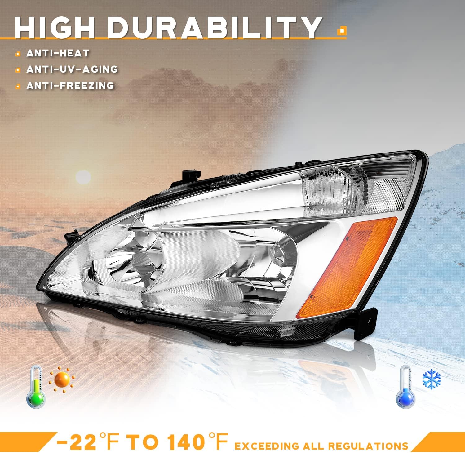 WEELMOTO Headlights for 2003-2007 Honda Accord, 03-07 Accord OE Headlamp Coupe/Sedan Chrome Housing Amber Reflector Left+Right Side 2/4-Door