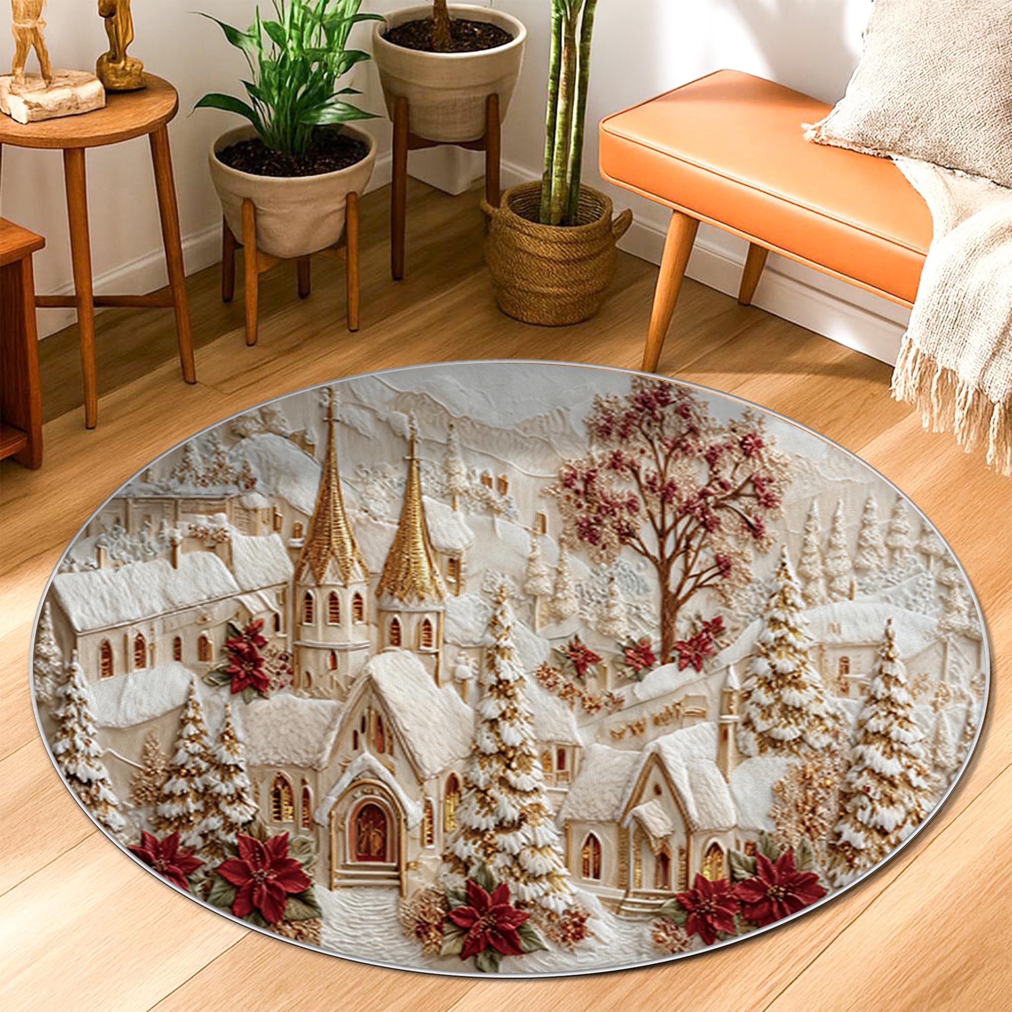 Tapis d'intérieur neige et Noël rouge 0,9m à poils courts anti-peluches