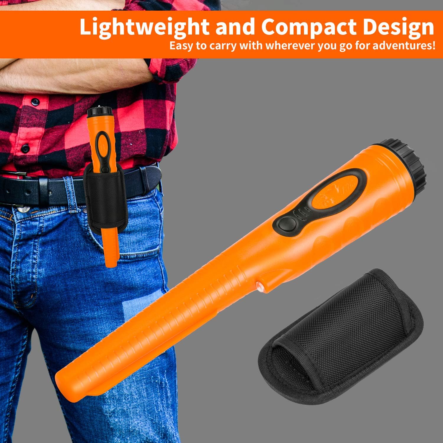 Fully Waterproof Portable Metal Detector Pinpointer Include a 9V Battery 360°Search Treasure Pinpointing Hunter Probe with Belt Holster for Adults and Kids Three Mode,Orange