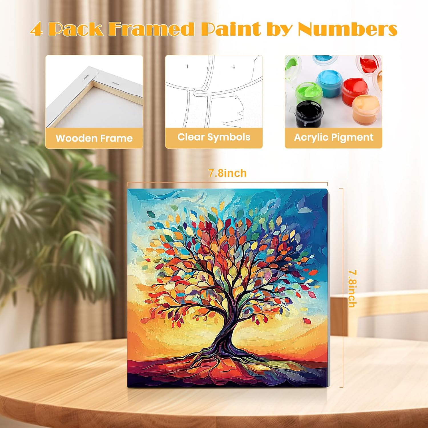 MISCER 4 Pack Paint by Numbers for Adults Beginner, Flowers Butterfly Paint by Number Kits for Kids, DIY Acrylic Oil Painting Suitable for Home Decoration (8x8inch)