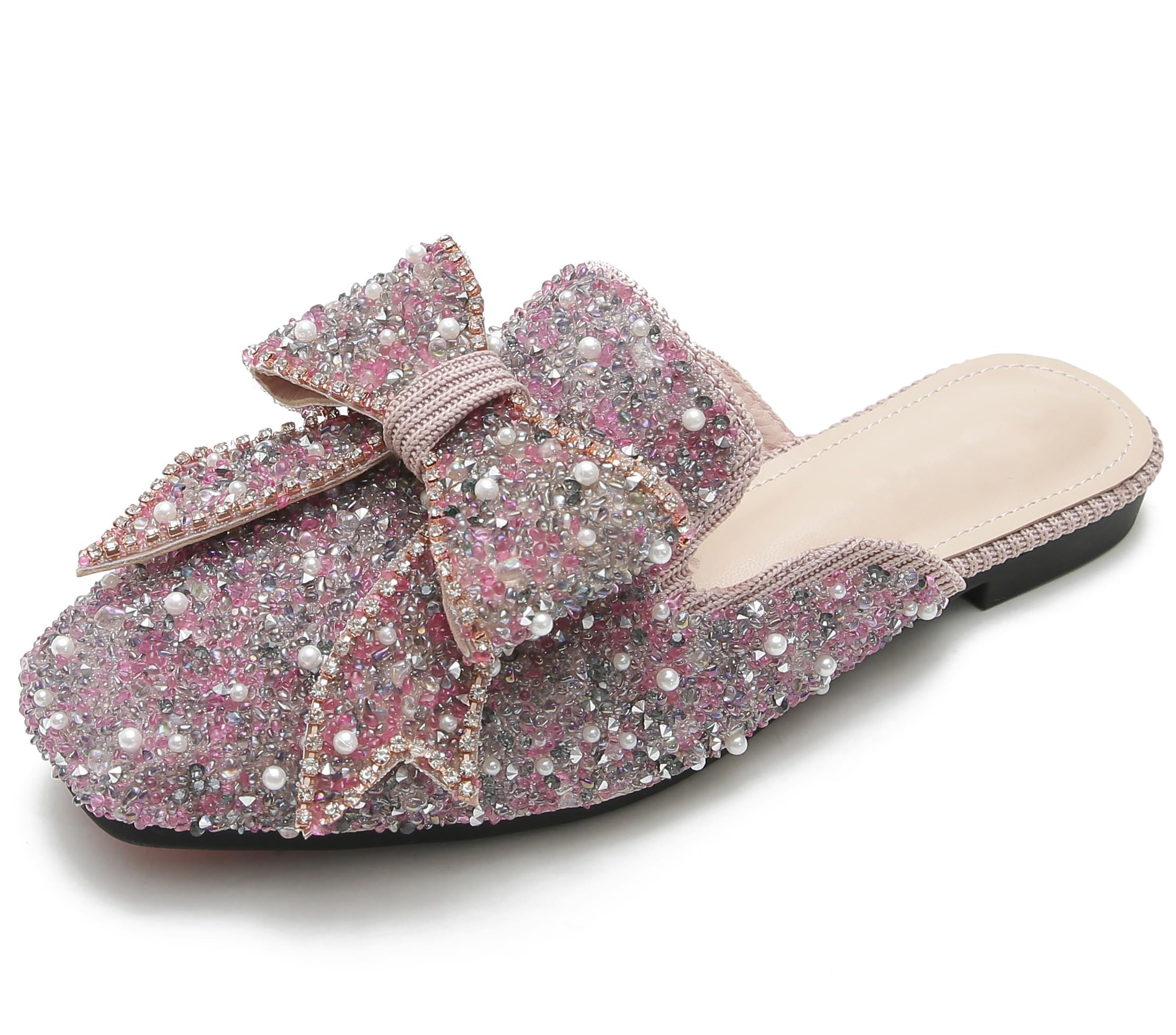 SAFECAMS Women's Rhinestone Bow Flat Mules Comfortable Square Toe Slip on Penny Loafers Ladies Baotou Clogs Half Slides Mules