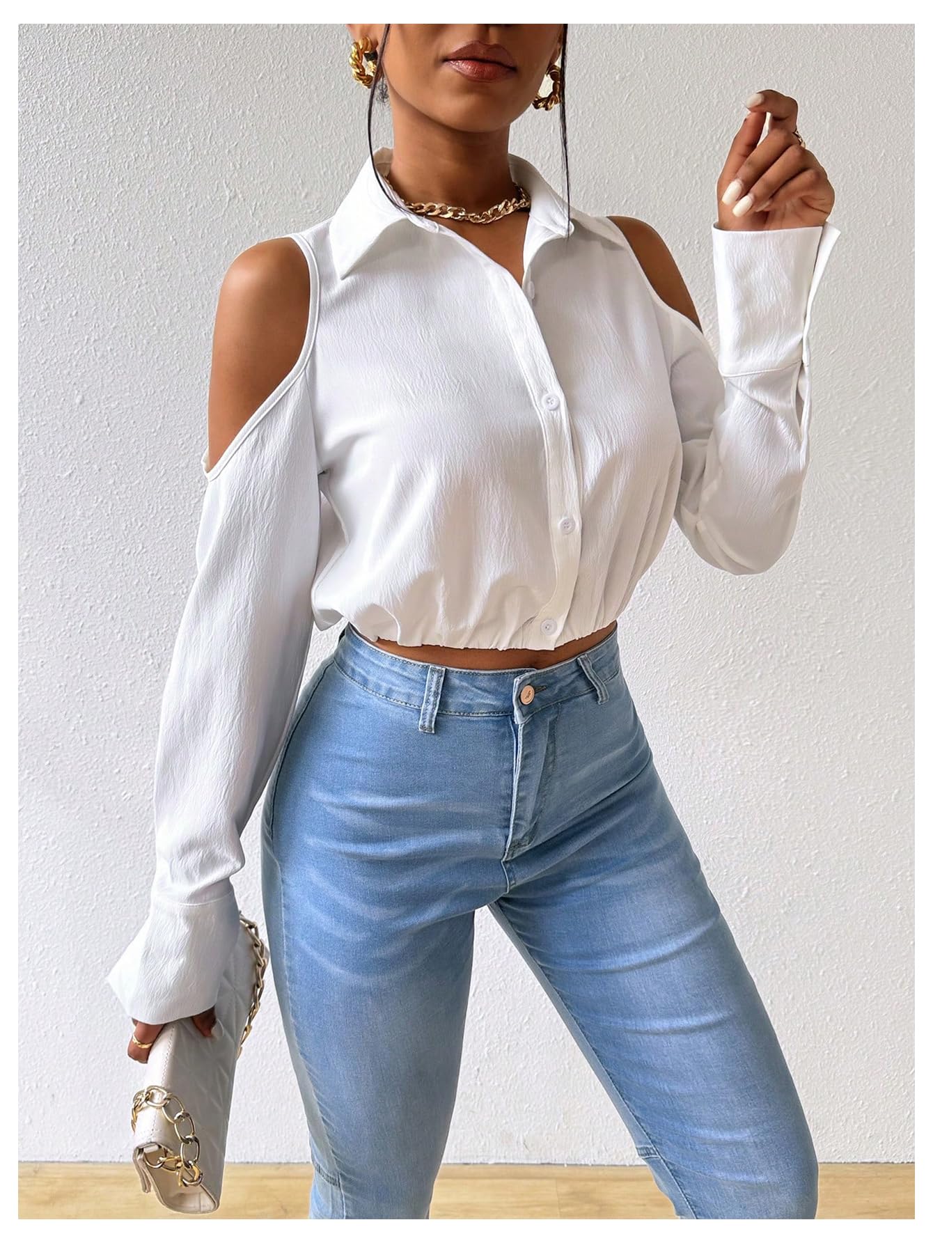SweatyRocks Women's Cold Shoulder Long Sleeve Button Down Collared Cropped Blouses