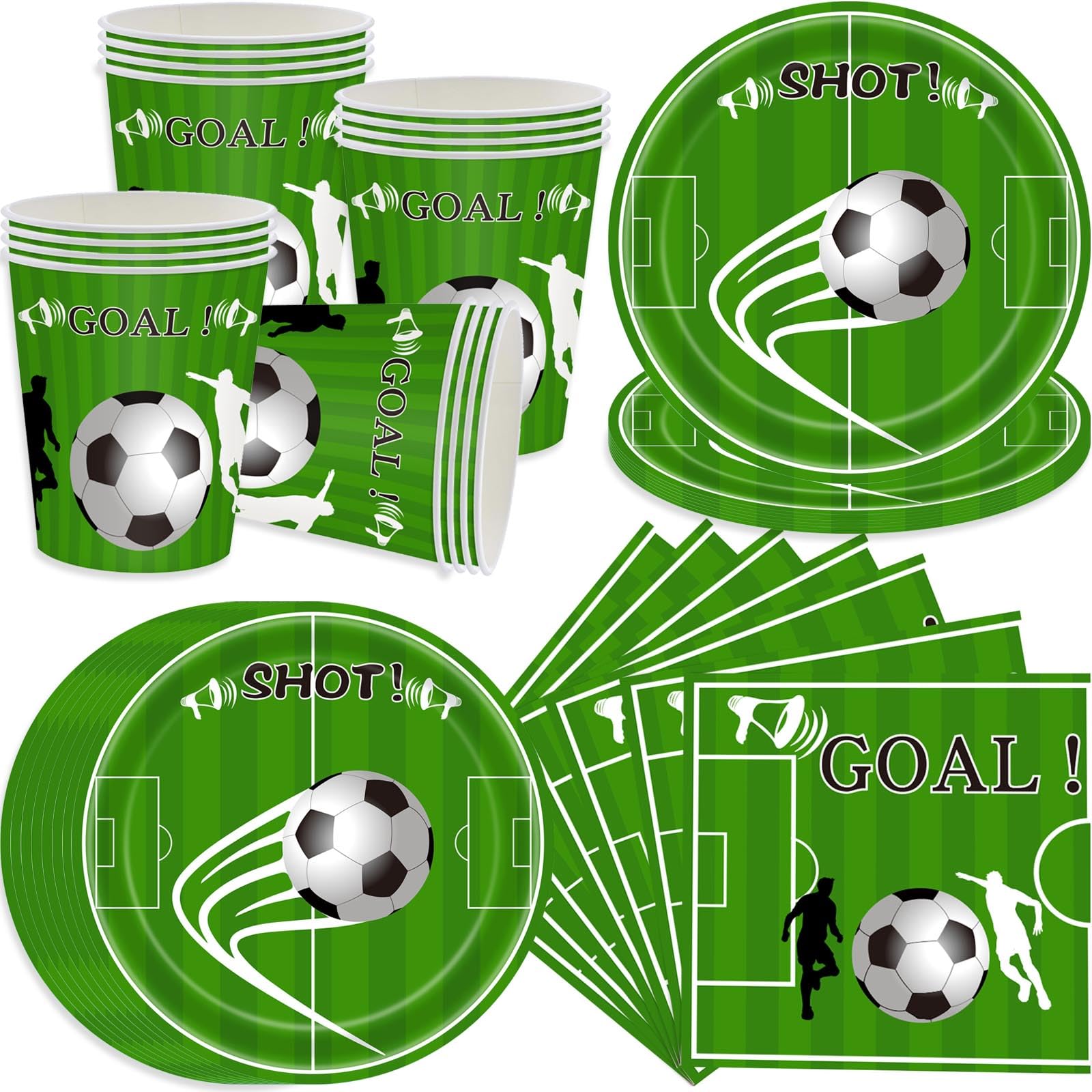 pekifaves Fußball Partygeschirr für 16 Gäste, Fußball Party Dekorationen Set Fussball Deko Geburtstag Kinder Fussball Partyteller Pappteller, Pappbecher, Servietten, Mädchen Junge Mottoparty Grün