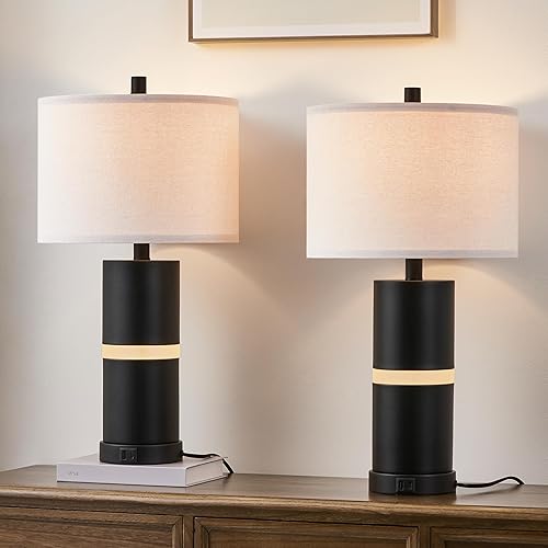 Miniatura 9 de Juego de 2 lámparas de mesa de noche de 22 pulgadas con luz nocturna, juego de lámparas de mesa USB para sala de estar (cuatro bombillas incluidas)