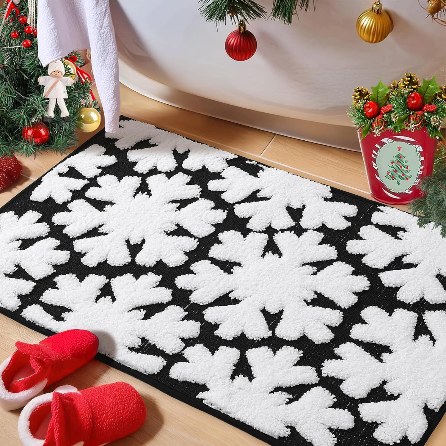 Luxury Black White Winter Snowflake Bathroom Mat, 24"x36" Extra Soft and Absorbent Microfiber Bath Rug, Non-Slip TPR Back, Plush Shaggy Bath Carpet for Floor
