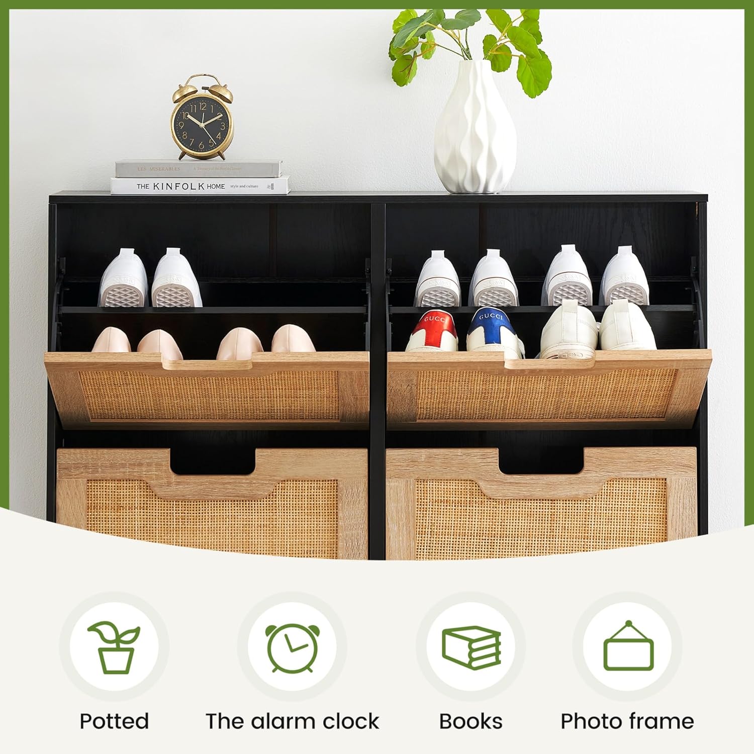 IDEALHOUSE Natural Rattan 4 Flip Door Shoe Cabinet Organizer Freestanding, Shoe Rack Storage Cabinet for Entryway with 3-Tier Adjustable Shelves for Slippers, Sneakers, Heels, Boots