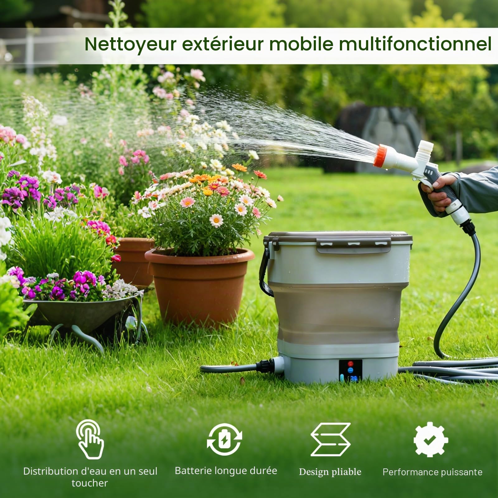 Nettoyeur Haute Pression Portable, Nettoyeur Extérieur Mobile Pliable avec Buse 5 en 1, Réservoir d'eau : 12L, Pulvérisateur à Pression électrique Multifonction pour Douche de Camping
